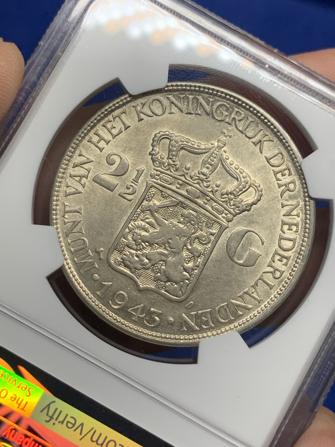 《竞宝斋》第194场-周日，周一 2场 (全场包邮) NGC MS63 荷属东印度1943年D版威廉米娜女王2.5G大银币