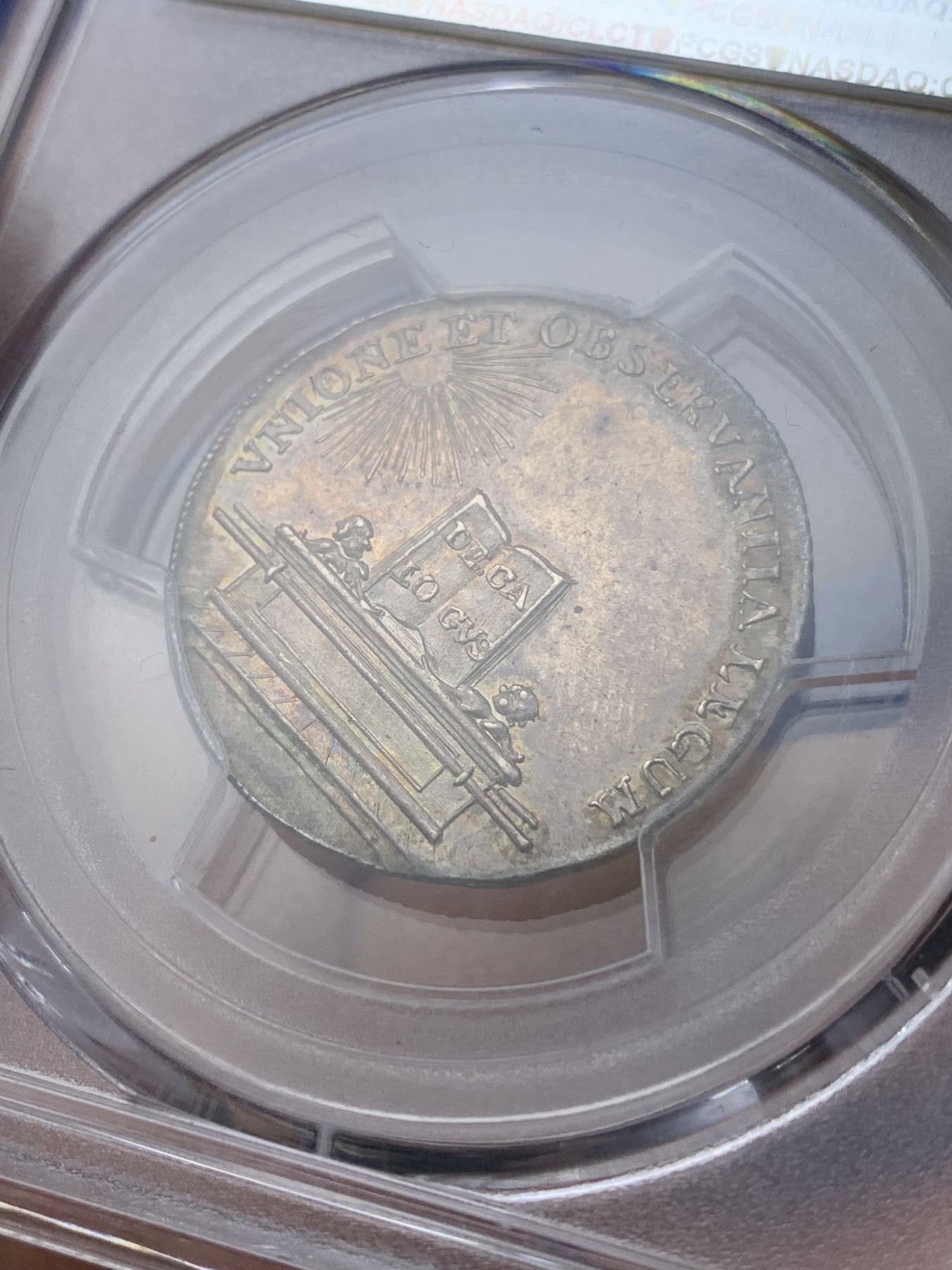 《竞宝斋》第194场-周日，周一 2场 (全场包邮) PCGS AU58 德国 巴伐利亚 1742年 法国工艺铸造JETON银质代币 五彩包浆十分漂亮