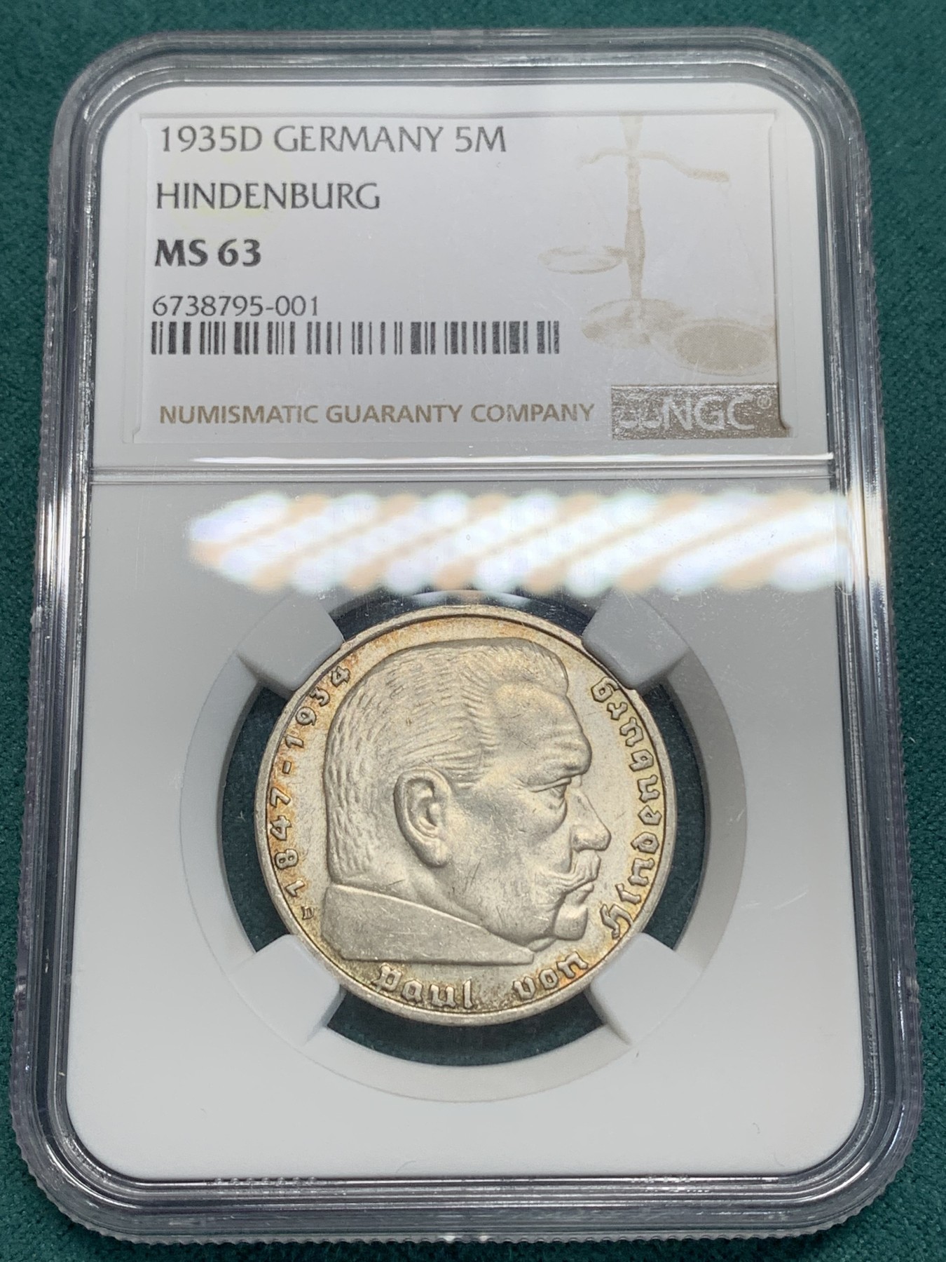 《竞宝斋》第194场-周日，周一 2场 (全场包邮) NGC-MS63 德国1935年兴登堡5马克银币