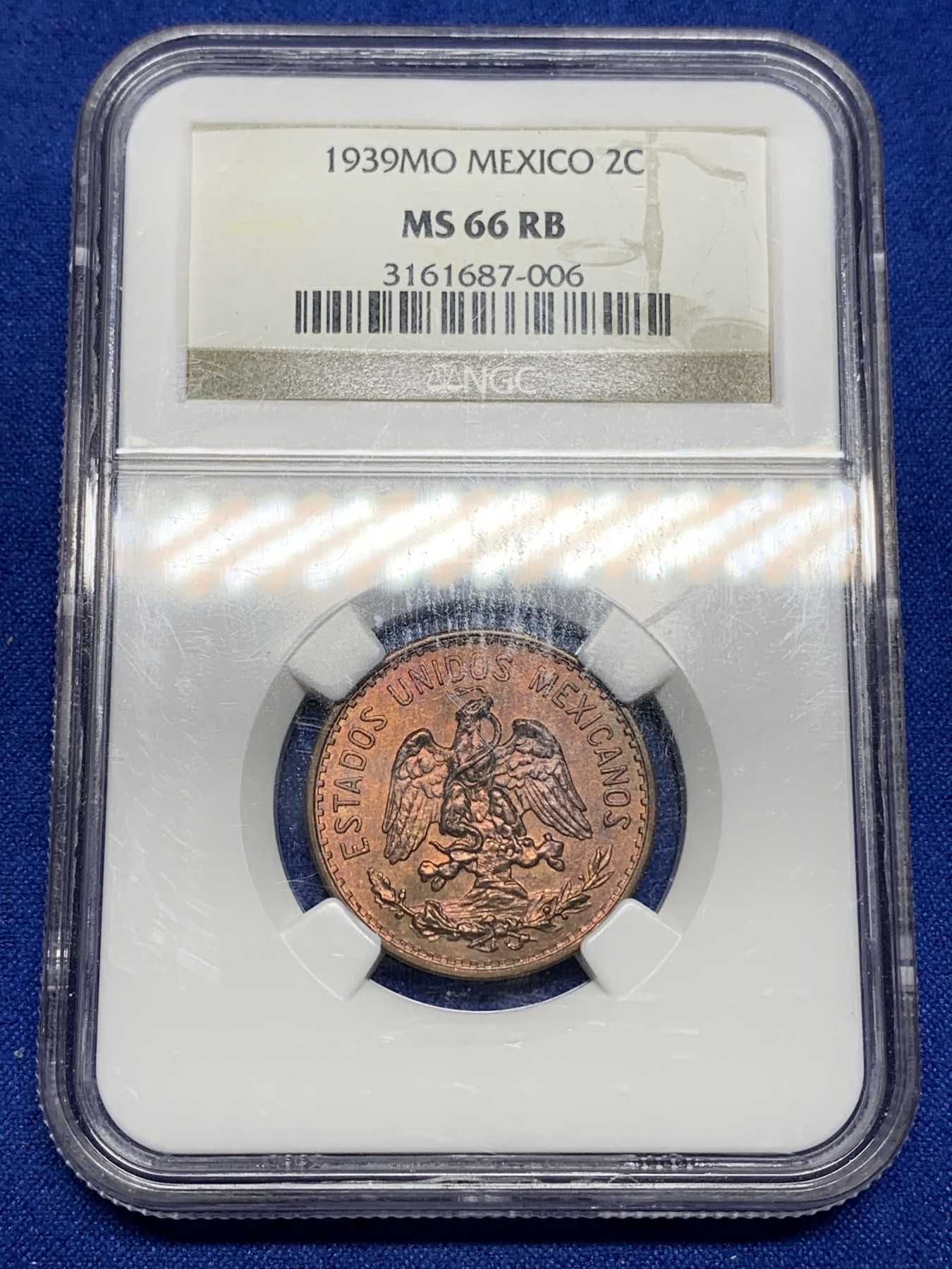 《竞宝斋》第194场-周日，周一 2场 (全场包邮) NGC-MS66RB 冠军分 墨西哥1939年2分鹰蛇铜元，鹰洋系列后期辅币，66收藏级高分。铜光靓丽，冠军品质