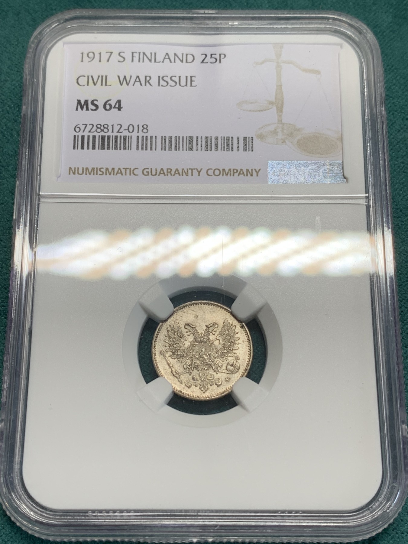 《竞宝斋》第194场-周日，周一 2场 (全场包邮) NGC MS64 俄占芬兰1917年25芬尼银币
