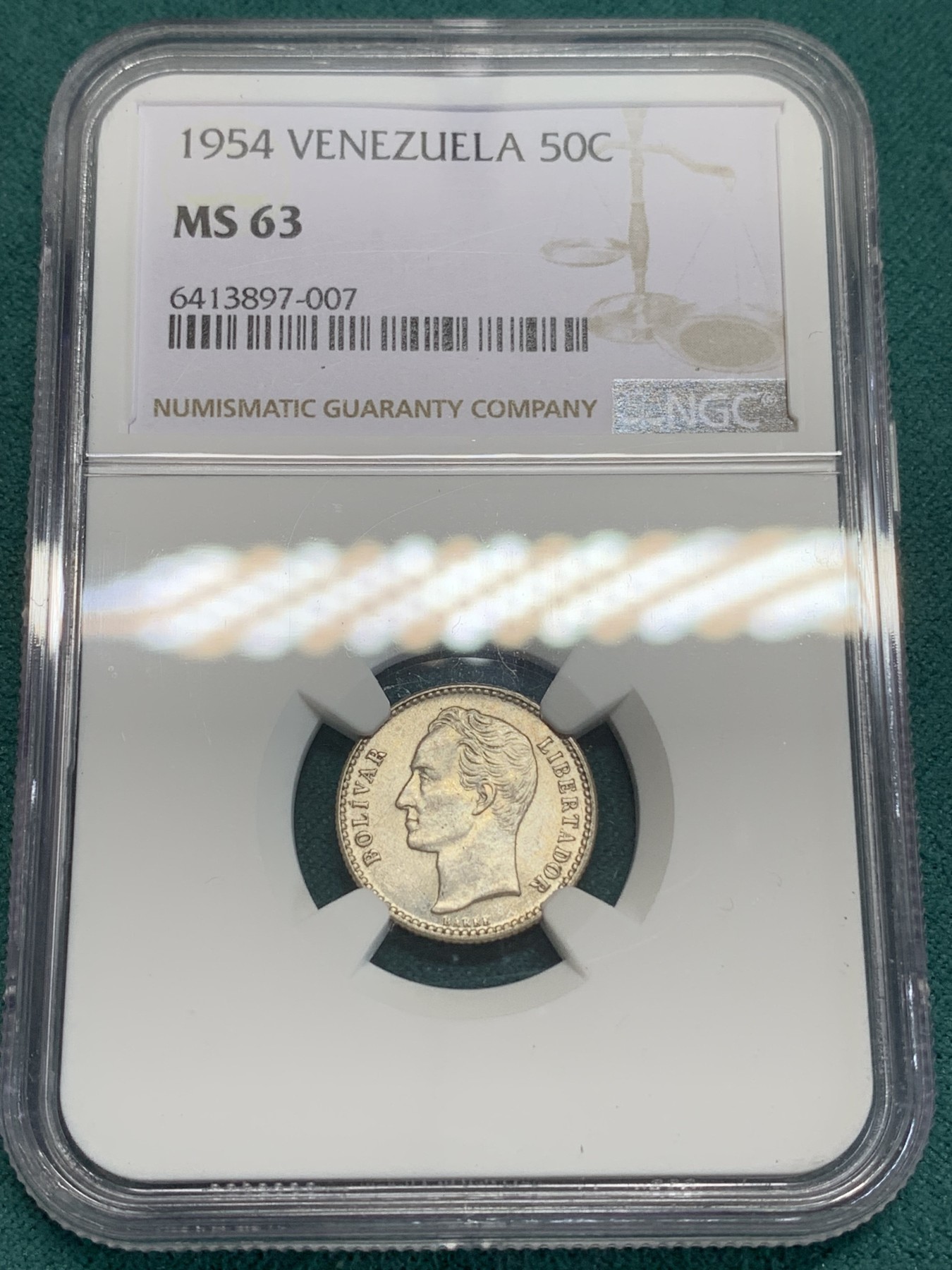 《竞宝斋》第194场-周日，周一 2场 (全场包邮) NGC MS63 委内瑞拉1954年50分银币