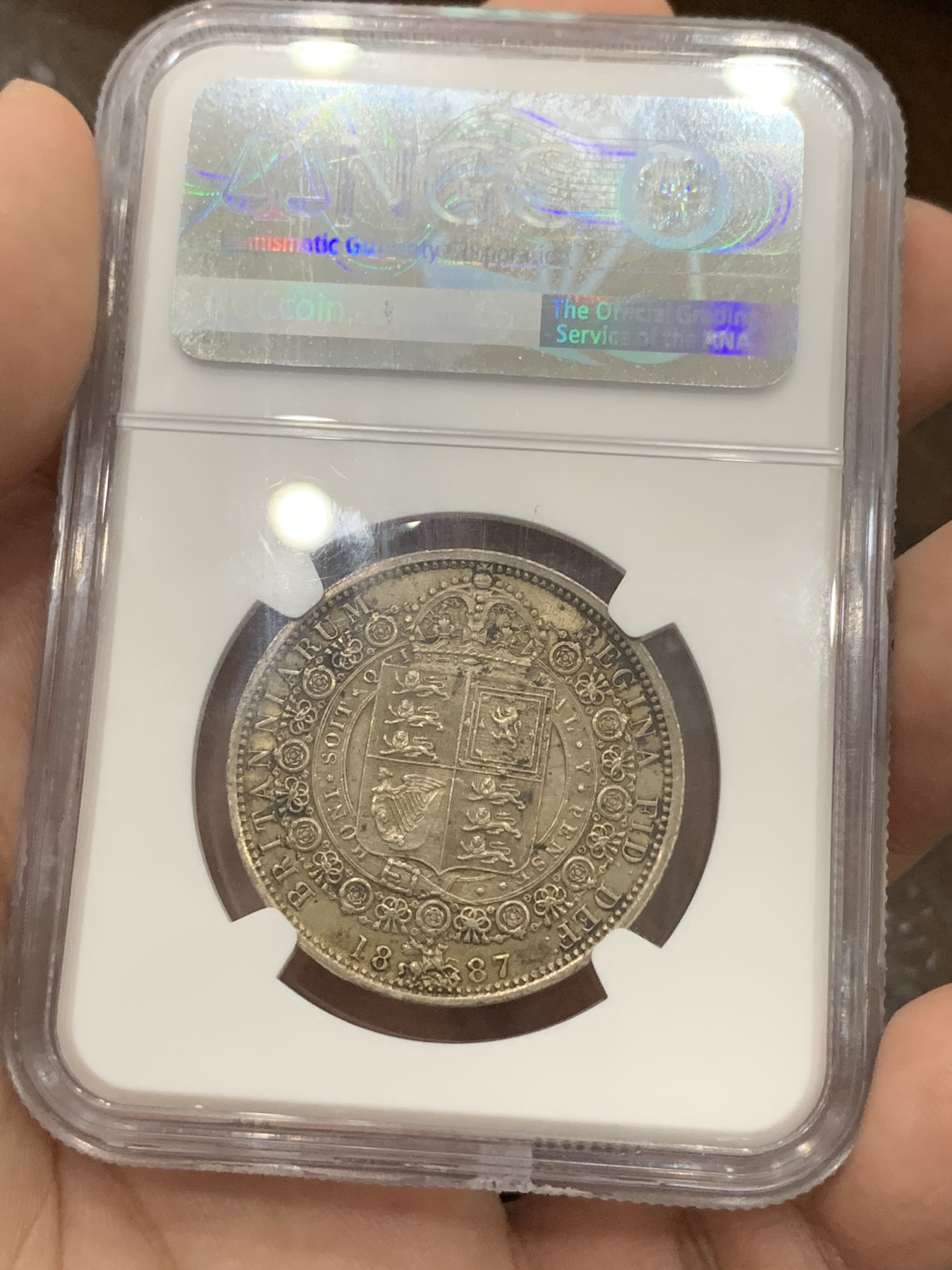 《竞宝斋》第194场-周日，周一 2场 (全场包邮) NGC-MS63 英国1887维多利亚 高冠半克朗银币 双面重彩 漂亮