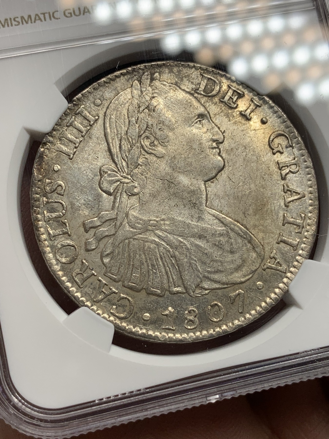 《竞宝斋》第194场-周日，周一 2场 (全场包邮) NGC–MS60 墨西哥1807年卡洛斯四世8R双柱大银币