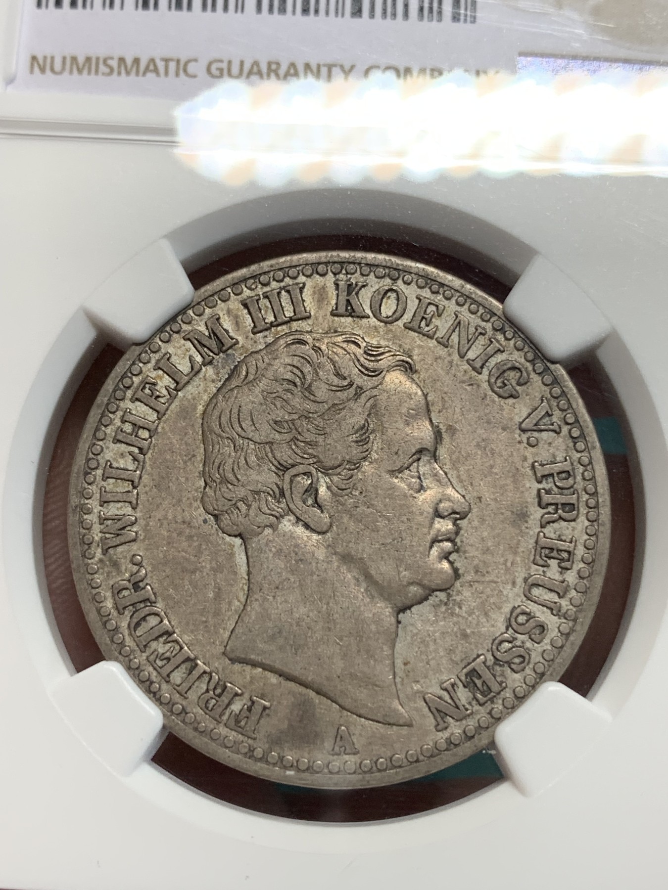 《竞宝斋》第194场-周日，周一 2场 (全场包邮) NGC-XF45 德国 1833年 A厂 普鲁士威廉三世 矿业祈福 1泰勒银币 少见品种 原味老彩 味道不错