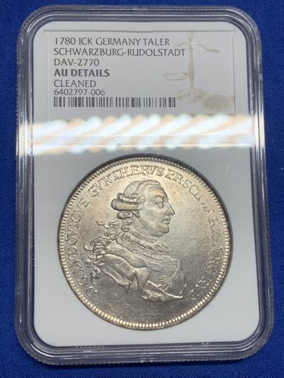《竞宝斋》第194场-周日，周一 2场 (全场包邮) - NGC AU 德国 1780 施瓦茨堡  弗里德里希·卡尔结婚纪念 1泰勒大银币 稀见品种