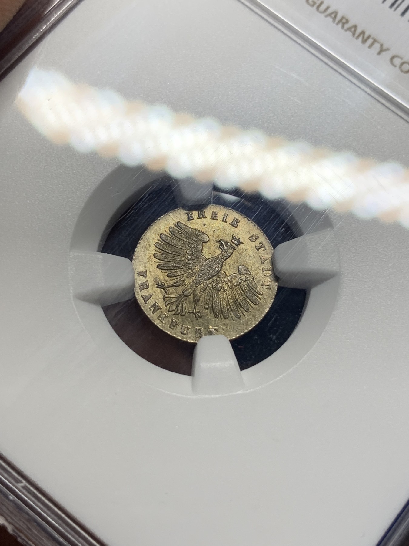 《竞宝斋》第194场-周日，周一 2场 (全场包邮) NGC-MS63 德国1855法兰克福1克鲁泽银币 黄金彩非常好看