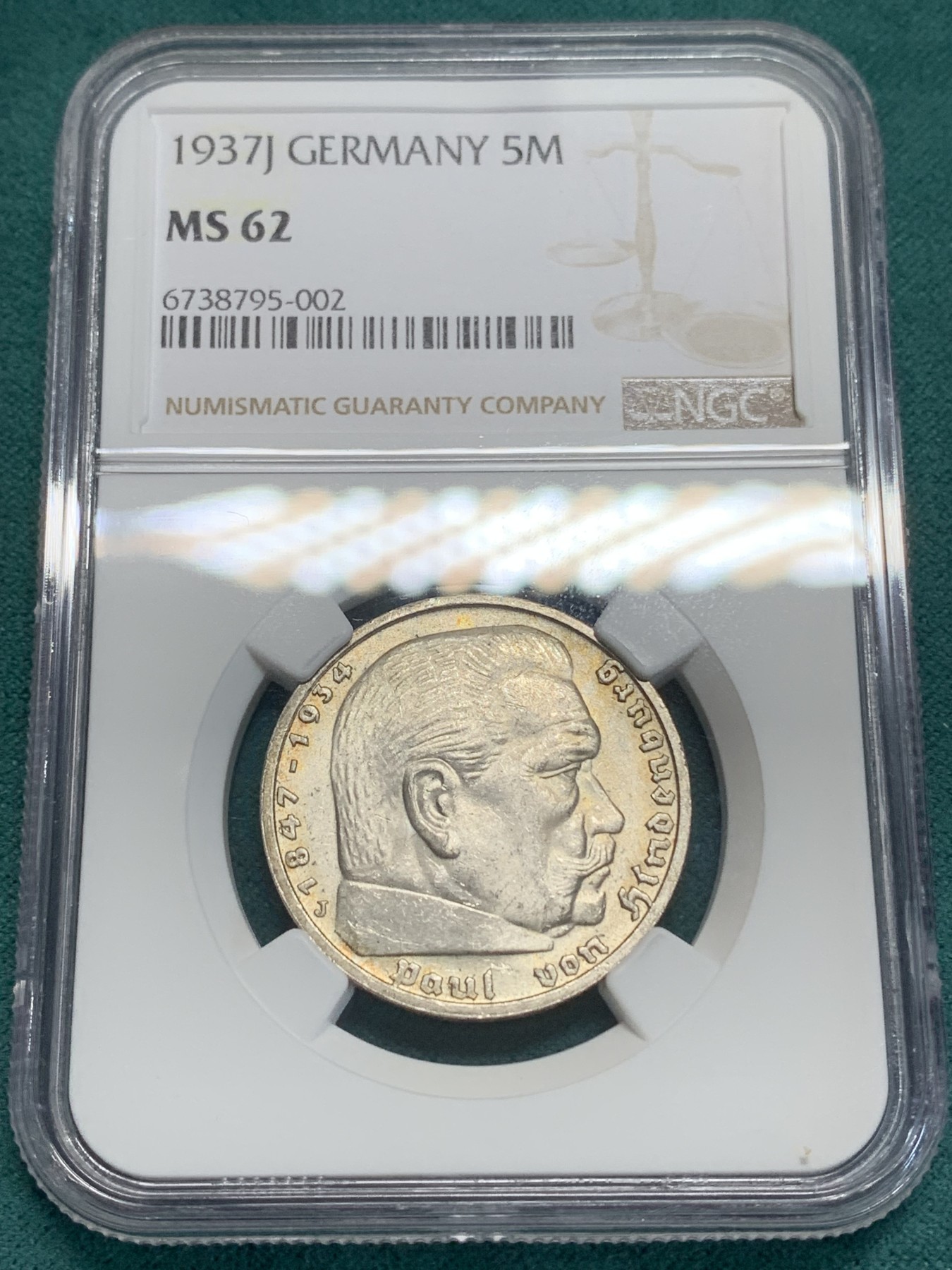 《竞宝斋》第194场-周日，周一 2场 (全场包邮) NGC-MS62 德国1937年兴登堡5马克银币