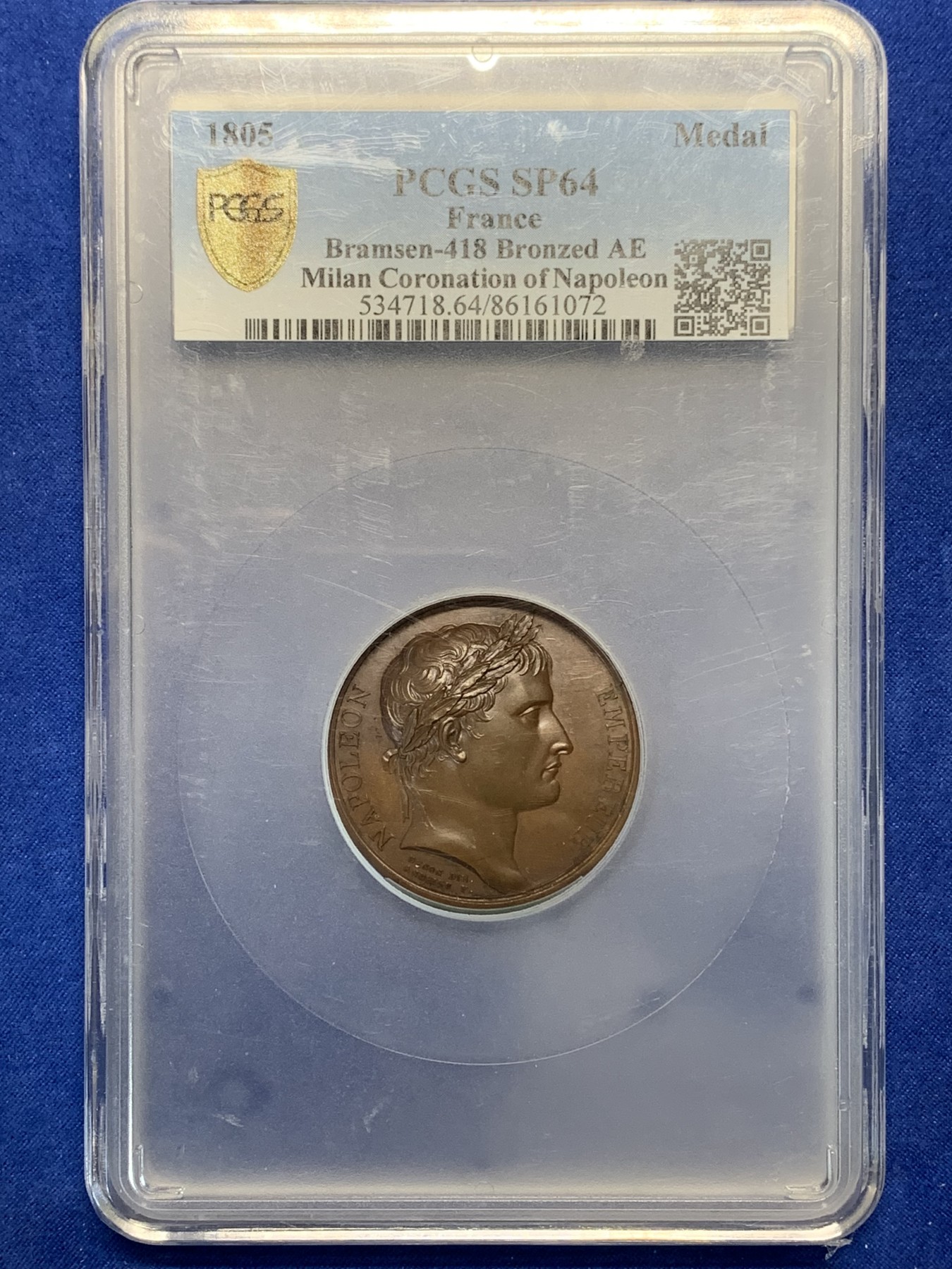 《竞宝斋》第194场-周日，周一 2场 (全场包邮) PCGS SP64 1805年拿破仑米兰加冕 原铸大铜章 顶级高分 加大盒装