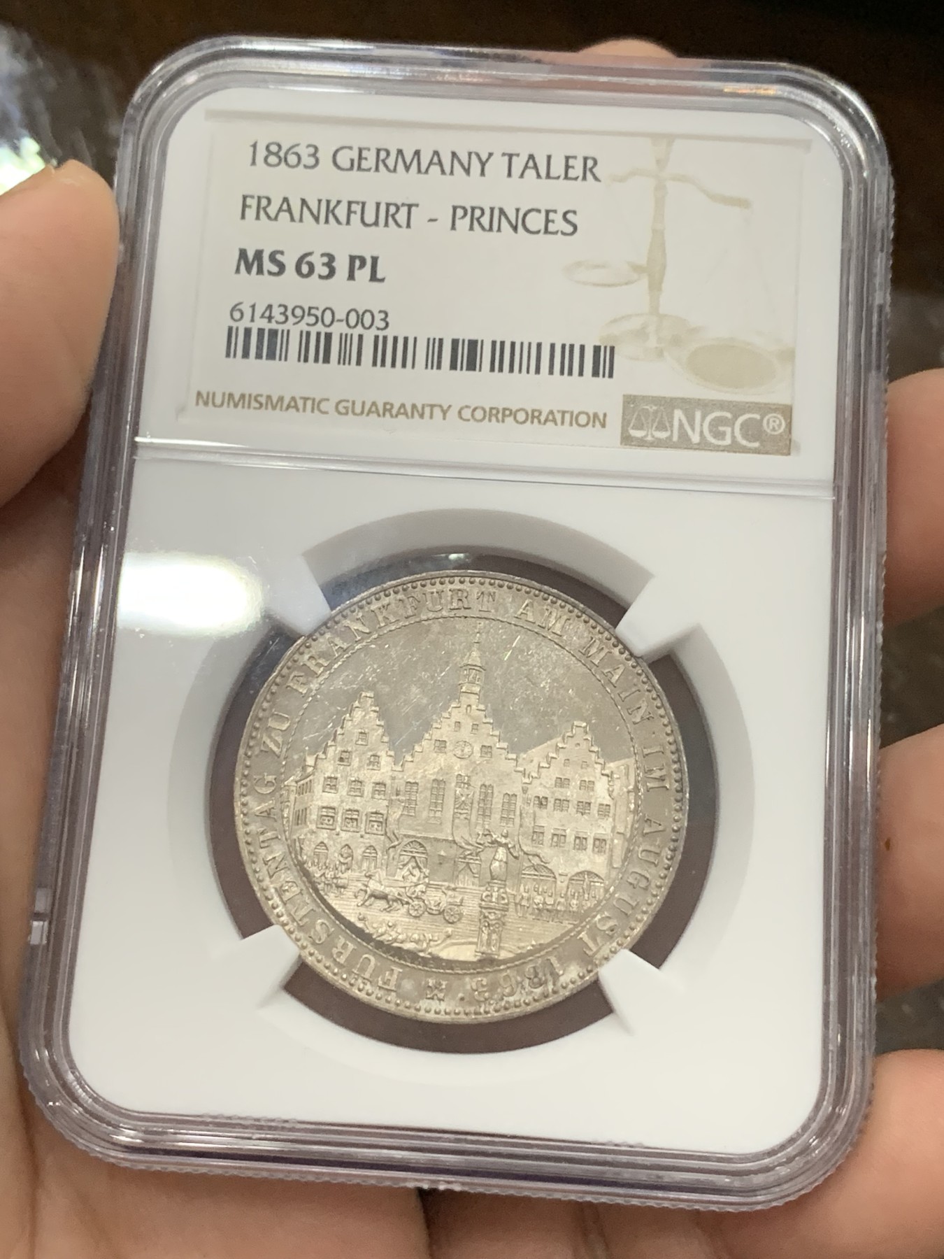 《竞宝斋》第194场-周日，周一 2场 (全场包邮) NGC-MS63PL 德国1863年王子会议泰勒银币，强镜面，带PL尾巴的不多见
