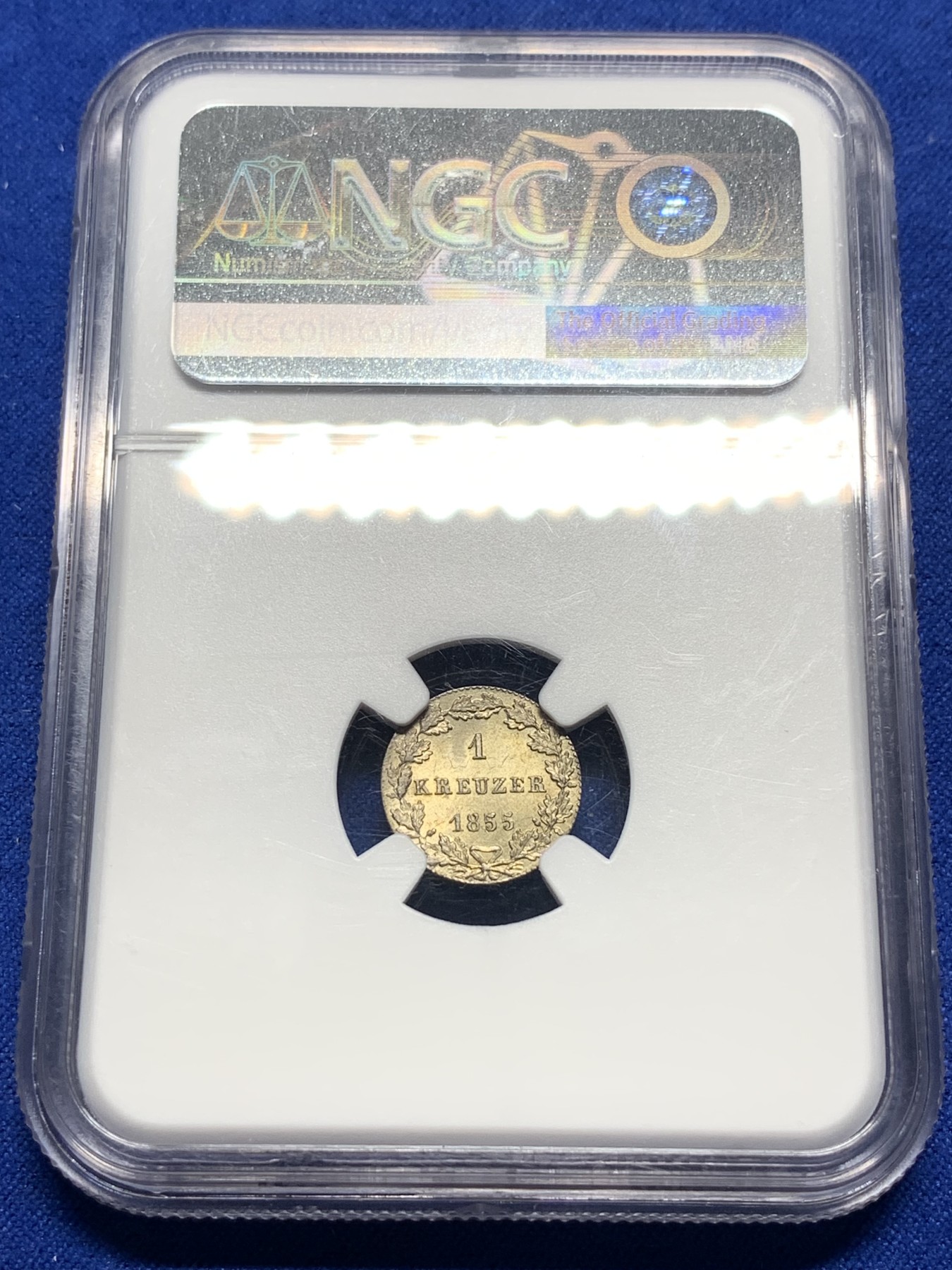 《竞宝斋》第194场-周日，周一 2场 (全场包邮) NGC-MS63 德国1855法兰克福1克鲁泽银币 黄金彩非常好看