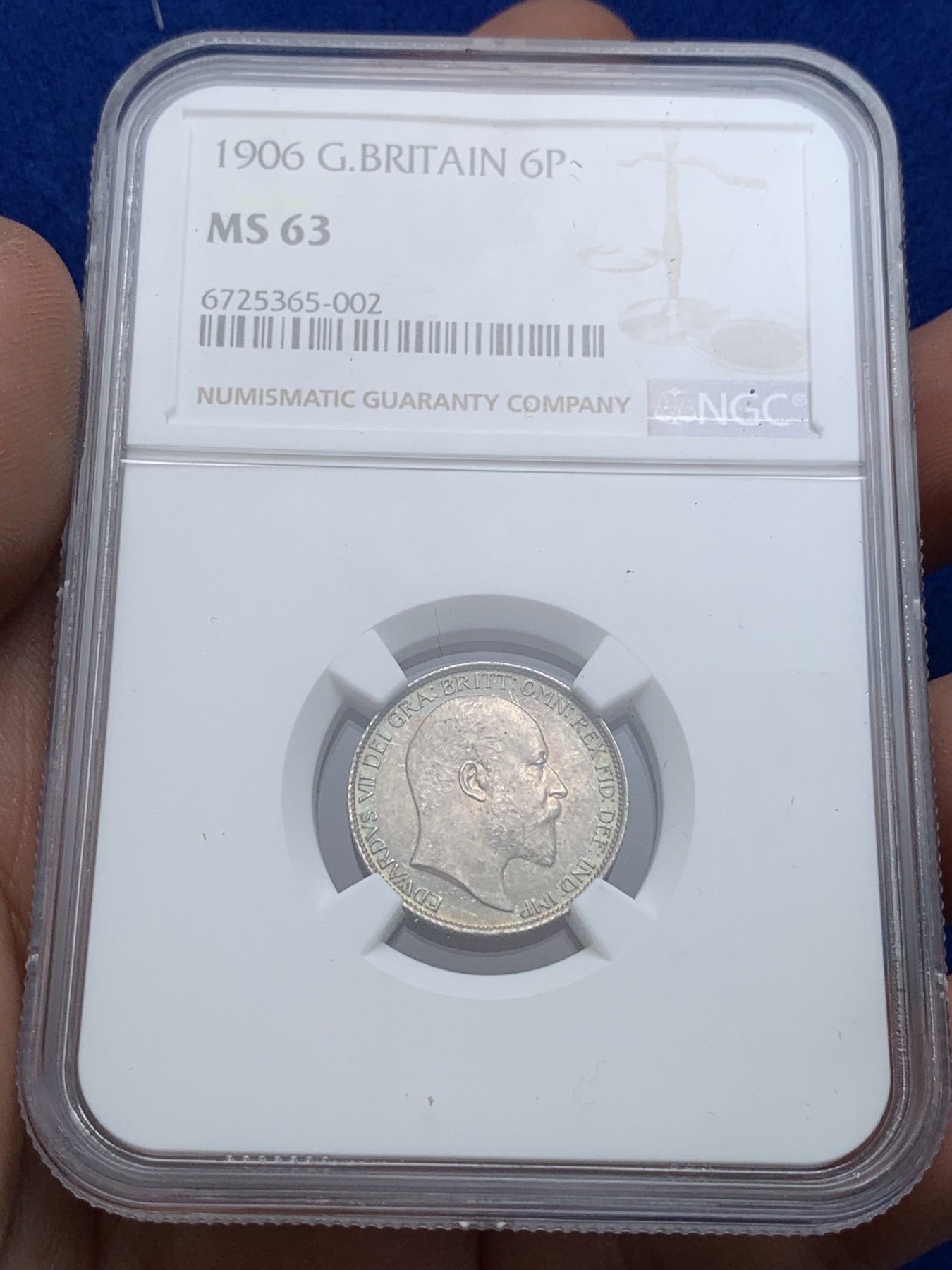 《竞宝斋》第194场-周日，周一 2场 (全场包邮) NGC-MS63 英国1906爱七6便士银币 深彩包浆漂亮