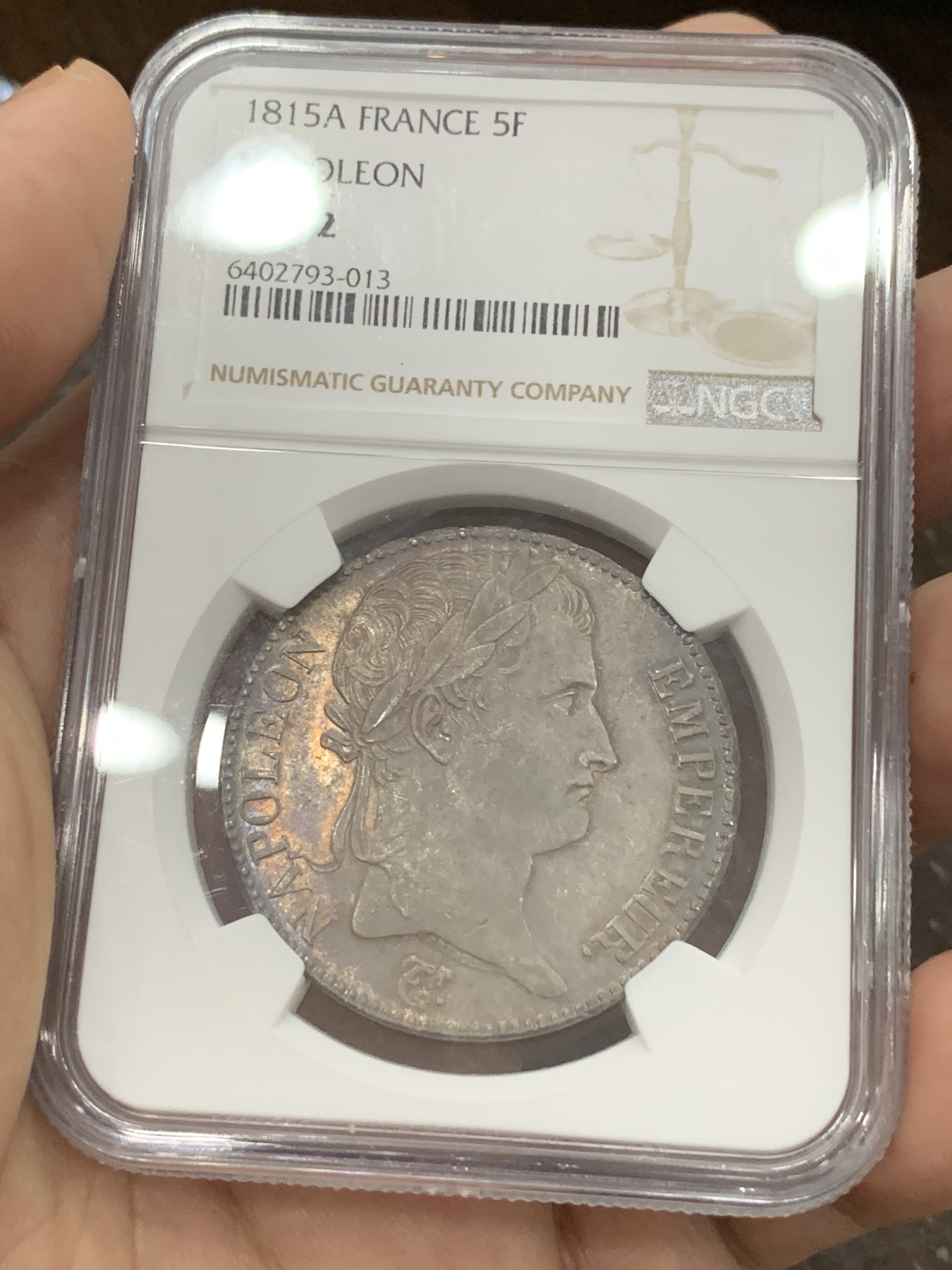 《竞宝斋》第194场-周日，周一 2场 (全场包邮) 名誉品 NGC MS62 法国 1815年 拿破仑一世 百日王朝 5法郎银币 从3月20日返回法国到6月18日滑铁卢战败 不足百日 发行量极少 也是拿一收藏难点所在 不可错过