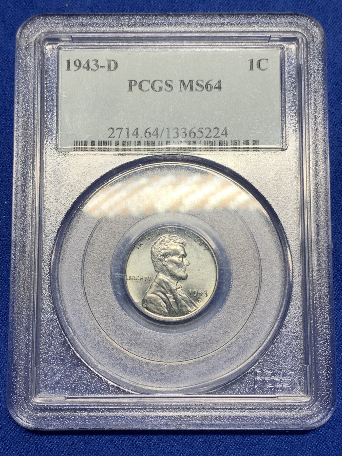 《竞宝斋》第194场-周日，周一 2场 (全场包邮) PCGS MS64 美国林肯铁币一美分  仅发行过一年  1943年d