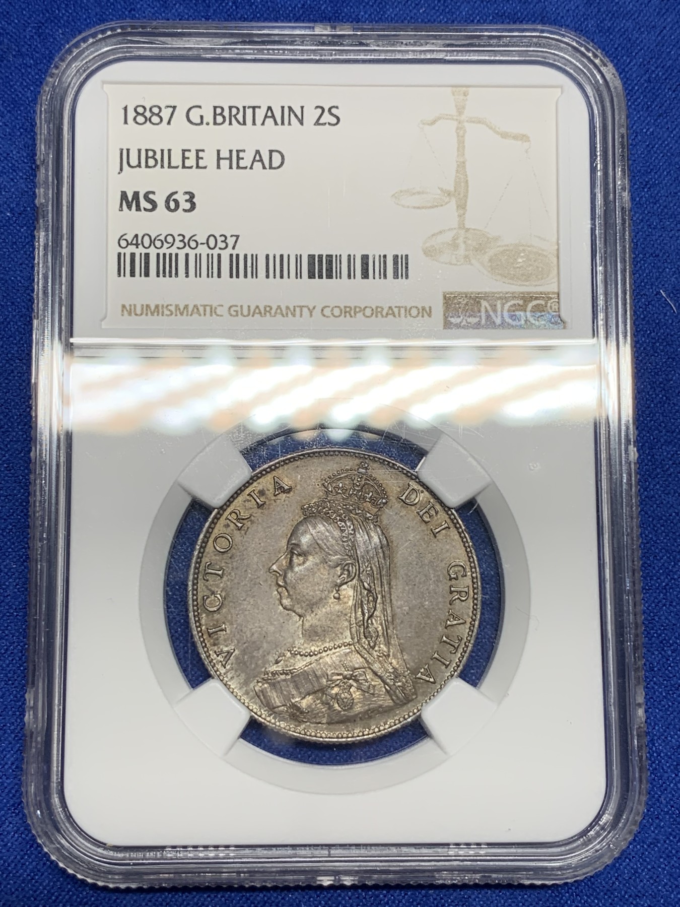 《竞宝斋》第194场-周日，周一 2场 (全场包邮) NGC-MS63 英国1887维多利亚高冠弗洛林银币 原味包浆