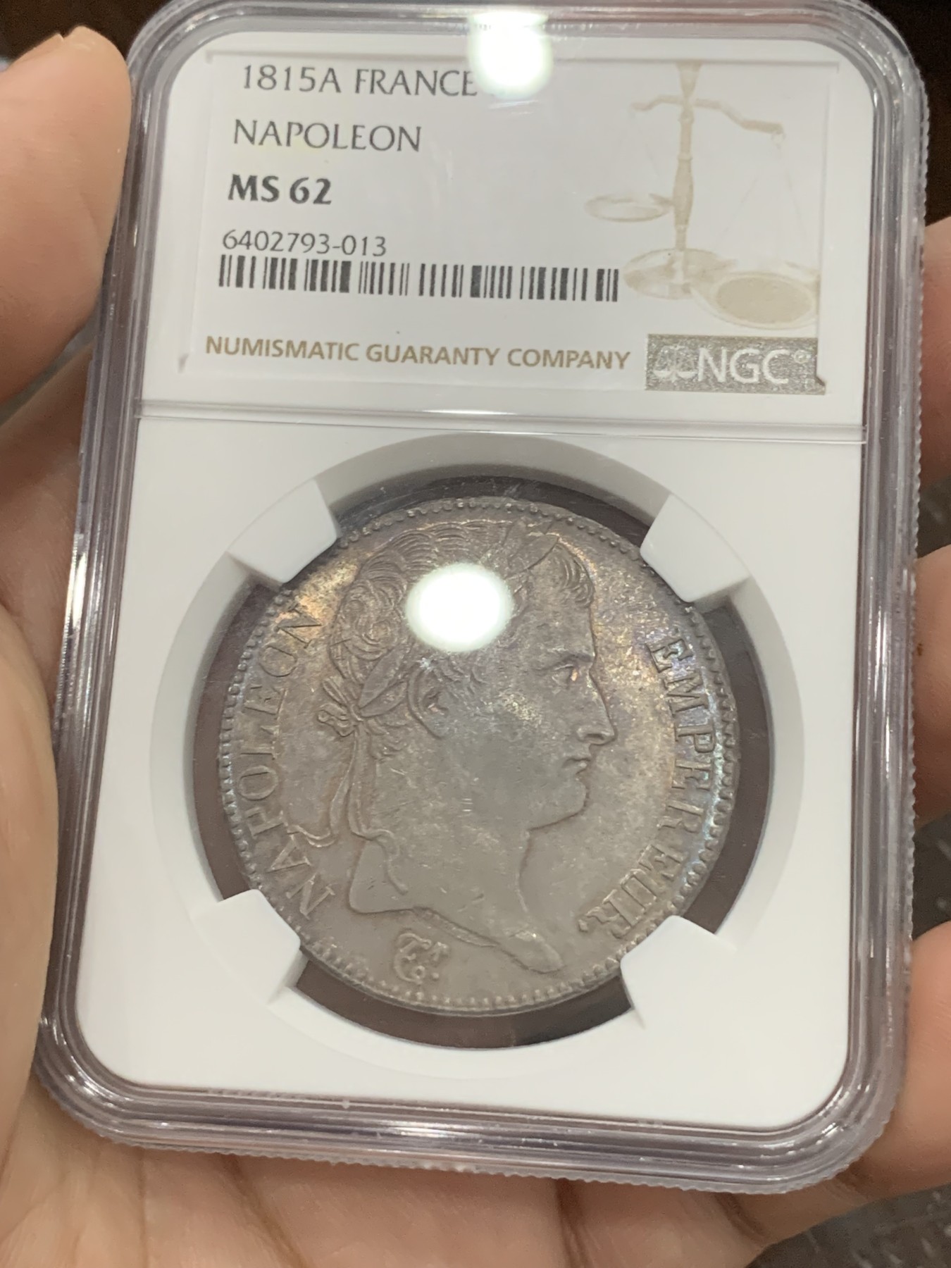 《竞宝斋》第194场-周日，周一 2场 (全场包邮) 名誉品 NGC MS62 法国 1815年 拿破仑一世 百日王朝 5法郎银币 从3月20日返回法国到6月18日滑铁卢战败 不足百日 发行量极少 也是拿一收藏难点所在 不可错过