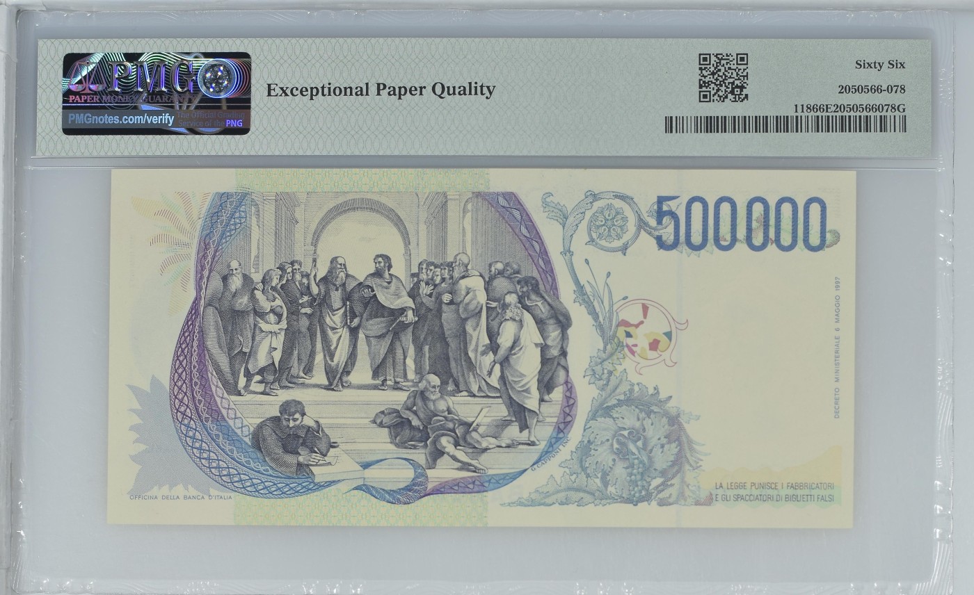 收藏联盟Quantum Auction 第287期拍卖  意大利1997年500000里拉 PMG66 号码无4 拉斐尔名画《雅典学院》
