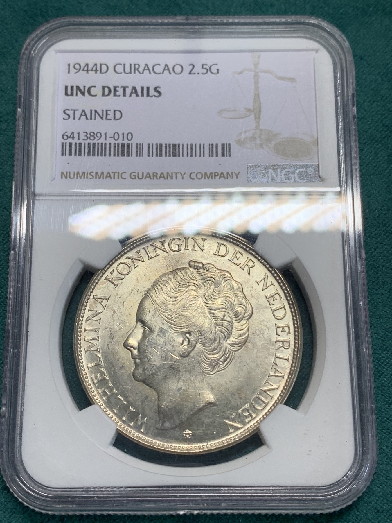 《竞宝斋》第194场-周日，周一 2场 (全场包邮) NGC UNC 荷属库拉索1944年威廉明娜2.5G大银币