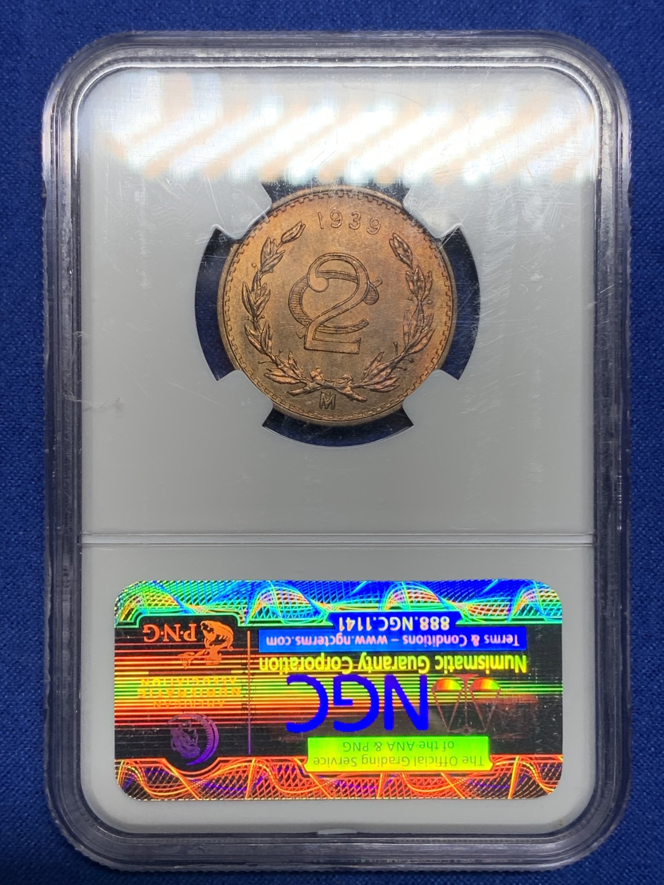 《竞宝斋》第194场-周日，周一 2场 (全场包邮) NGC-MS66RB 冠军分 墨西哥1939年2分鹰蛇铜元，鹰洋系列后期辅币，66收藏级高分。铜光靓丽，冠军品质