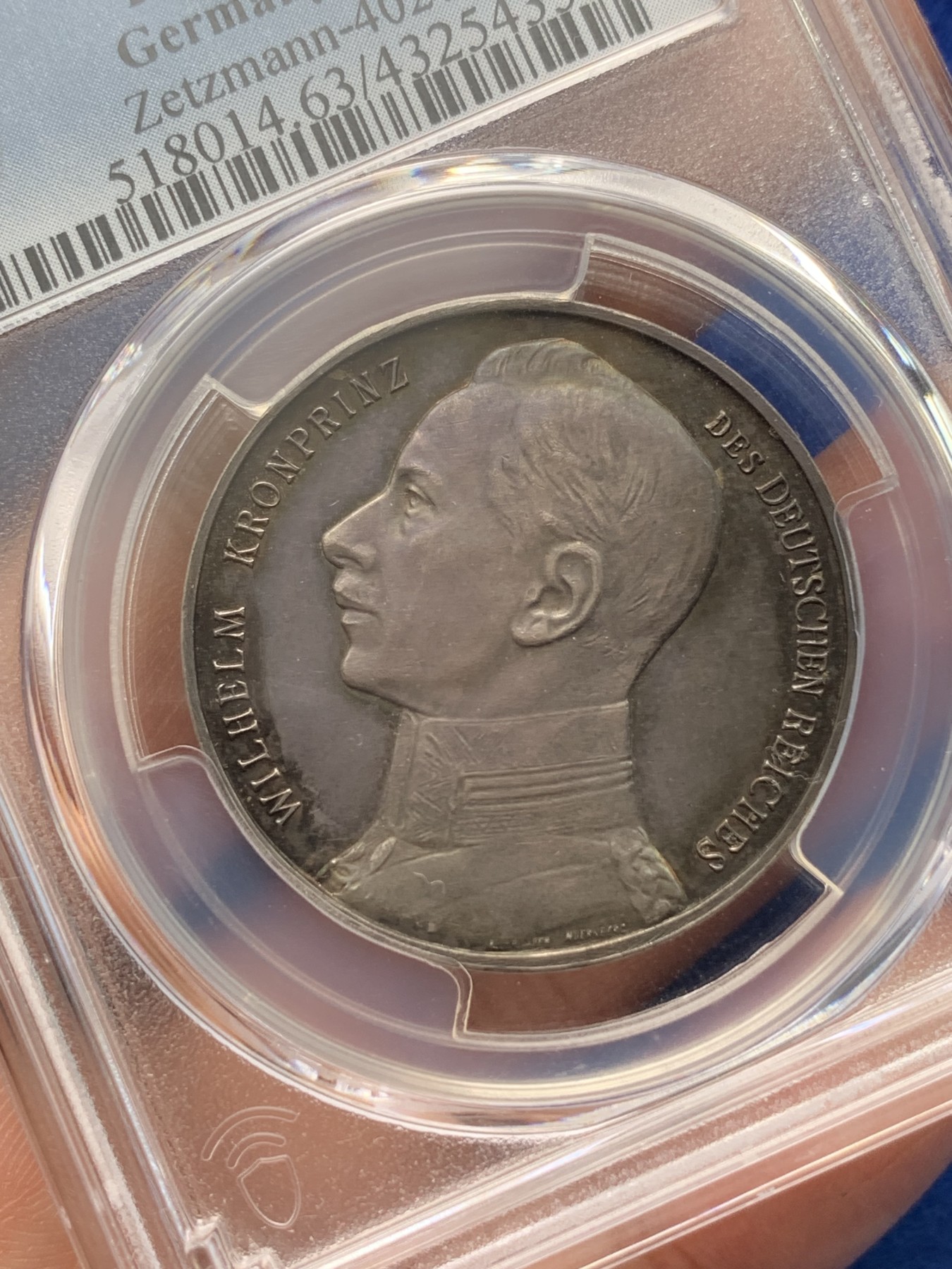 《竞宝斋》第194场-周日，周一 2场 (全场包邮) PCGS-SP63 德皇威廉二世1914年二战纪念银章,镜面幻彩油润包浆，著名雕刻师劳尔作品，收藏级品质