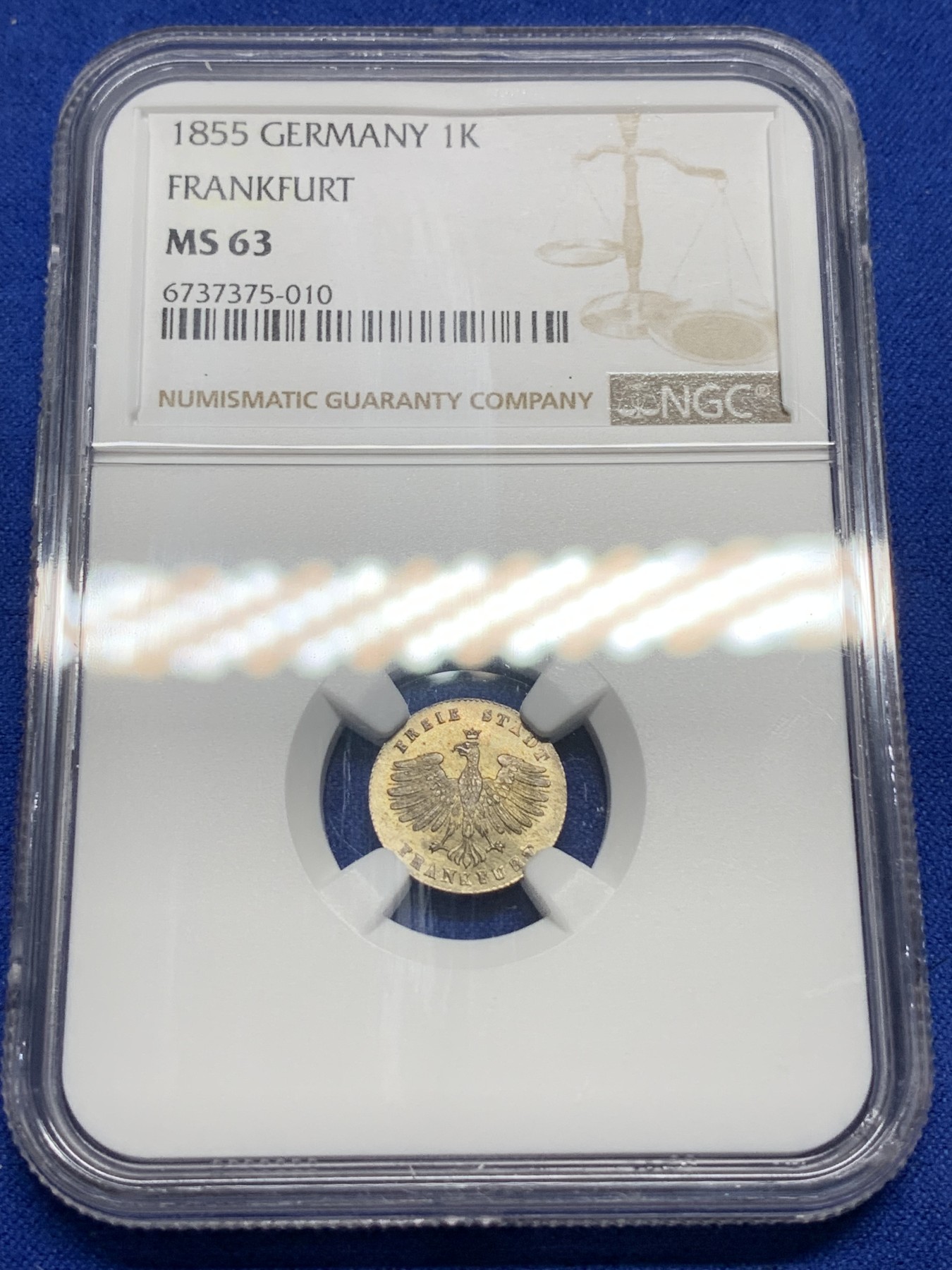《竞宝斋》第194场-周日，周一 2场 (全场包邮) NGC-MS63 德国1855法兰克福1克鲁泽银币 黄金彩非常好看