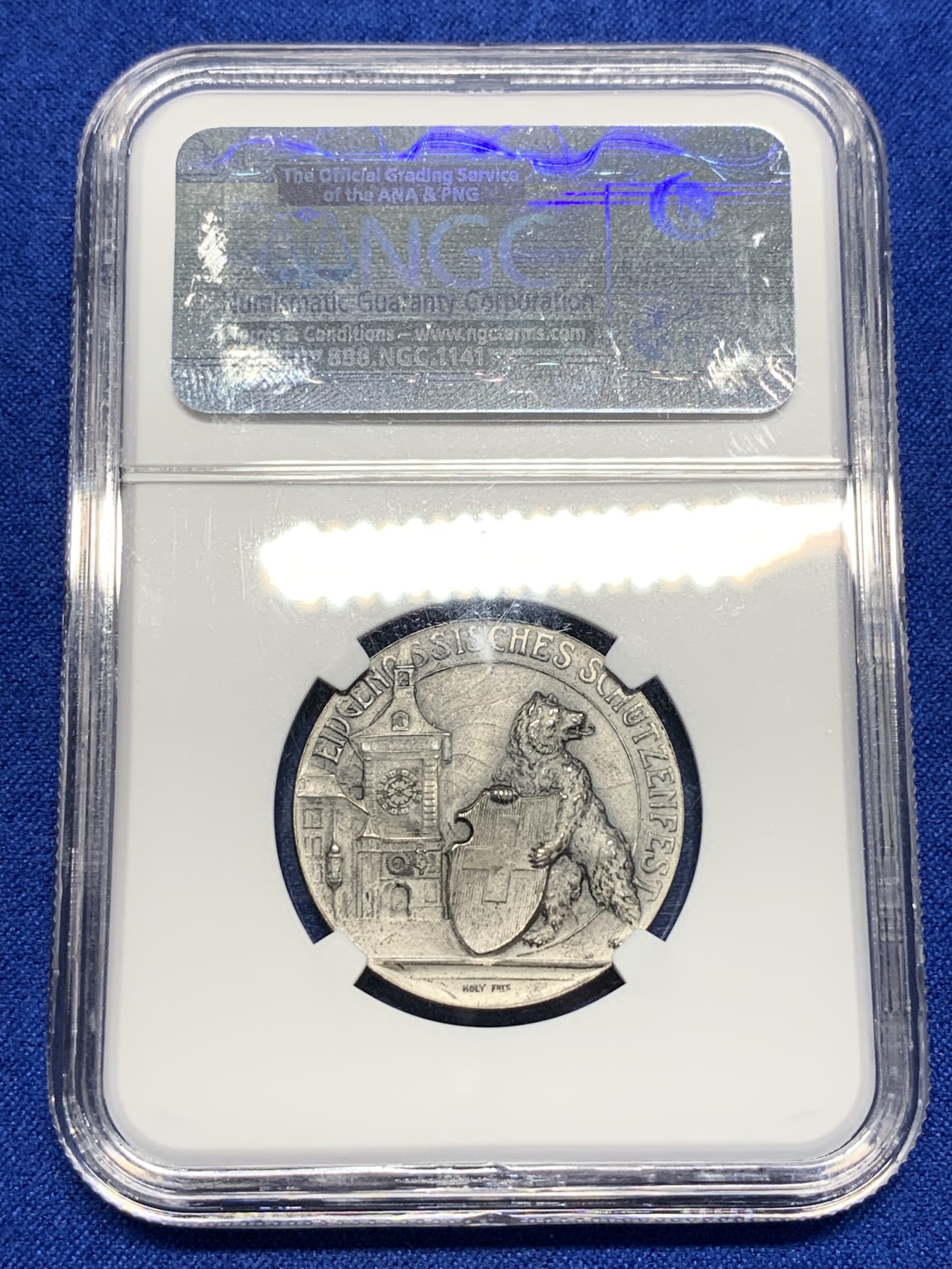 《竞宝斋》第194场-周日，周一 2场 (全场包邮) NGC MS64  1910年瑞士伯尔尼射击节银章 市场流通量小于500枚 设计精美细腻 塔楼上的钟表也跃然章上
