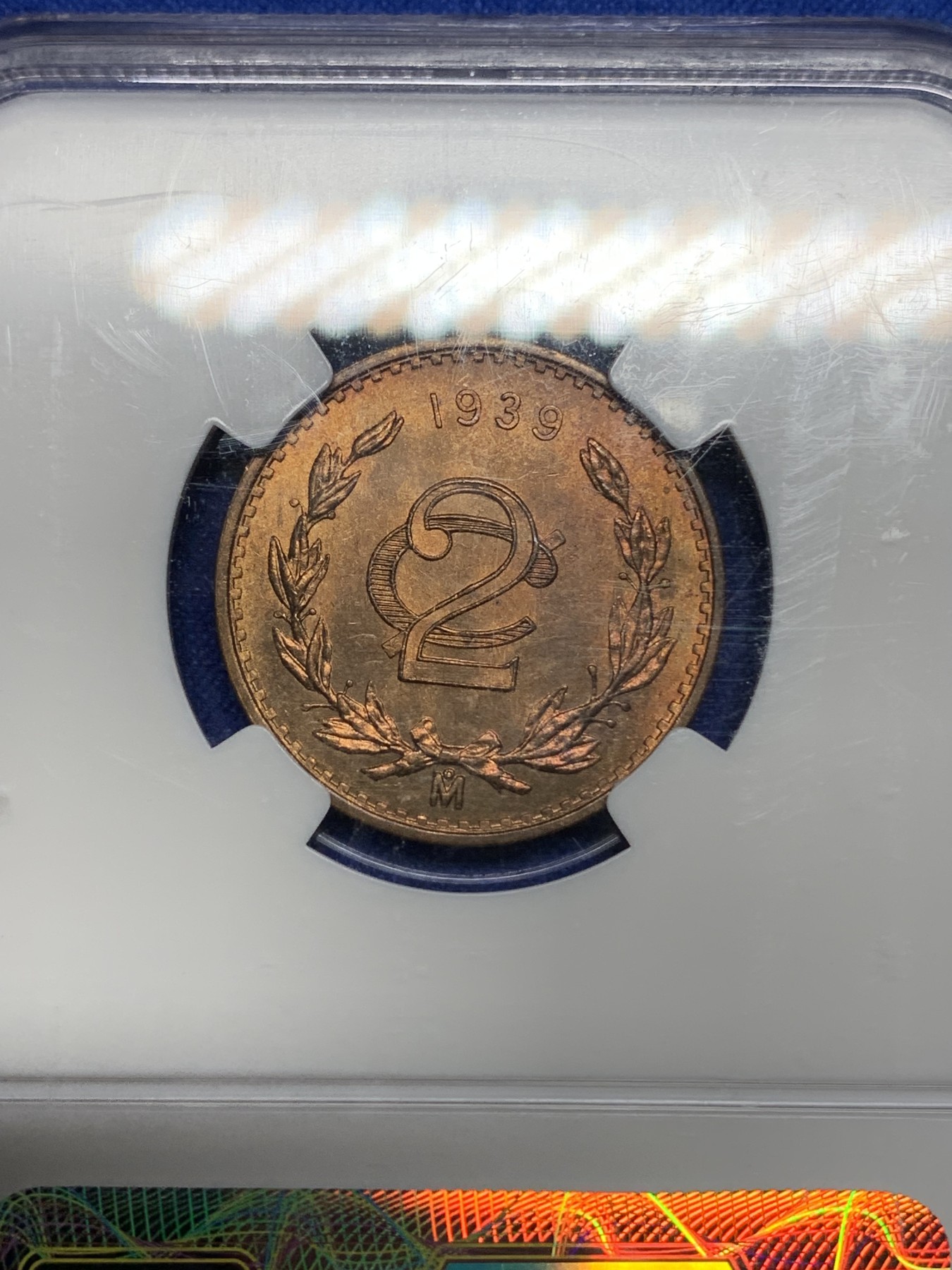 《竞宝斋》第194场-周日，周一 2场 (全场包邮) NGC-MS66RB 冠军分 墨西哥1939年2分鹰蛇铜元，鹰洋系列后期辅币，66收藏级高分。铜光靓丽，冠军品质