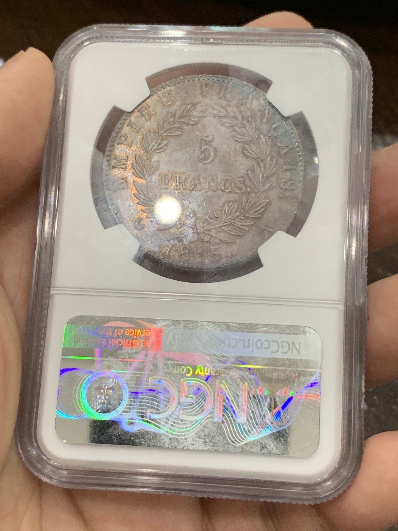 《竞宝斋》第194场-周日，周一 2场 (全场包邮) 名誉品 NGC MS62 法国 1815年 拿破仑一世 百日王朝 5法郎银币 从3月20日返回法国到6月18日滑铁卢战败 不足百日 发行量极少 也是拿一收藏难点所在 不可错过