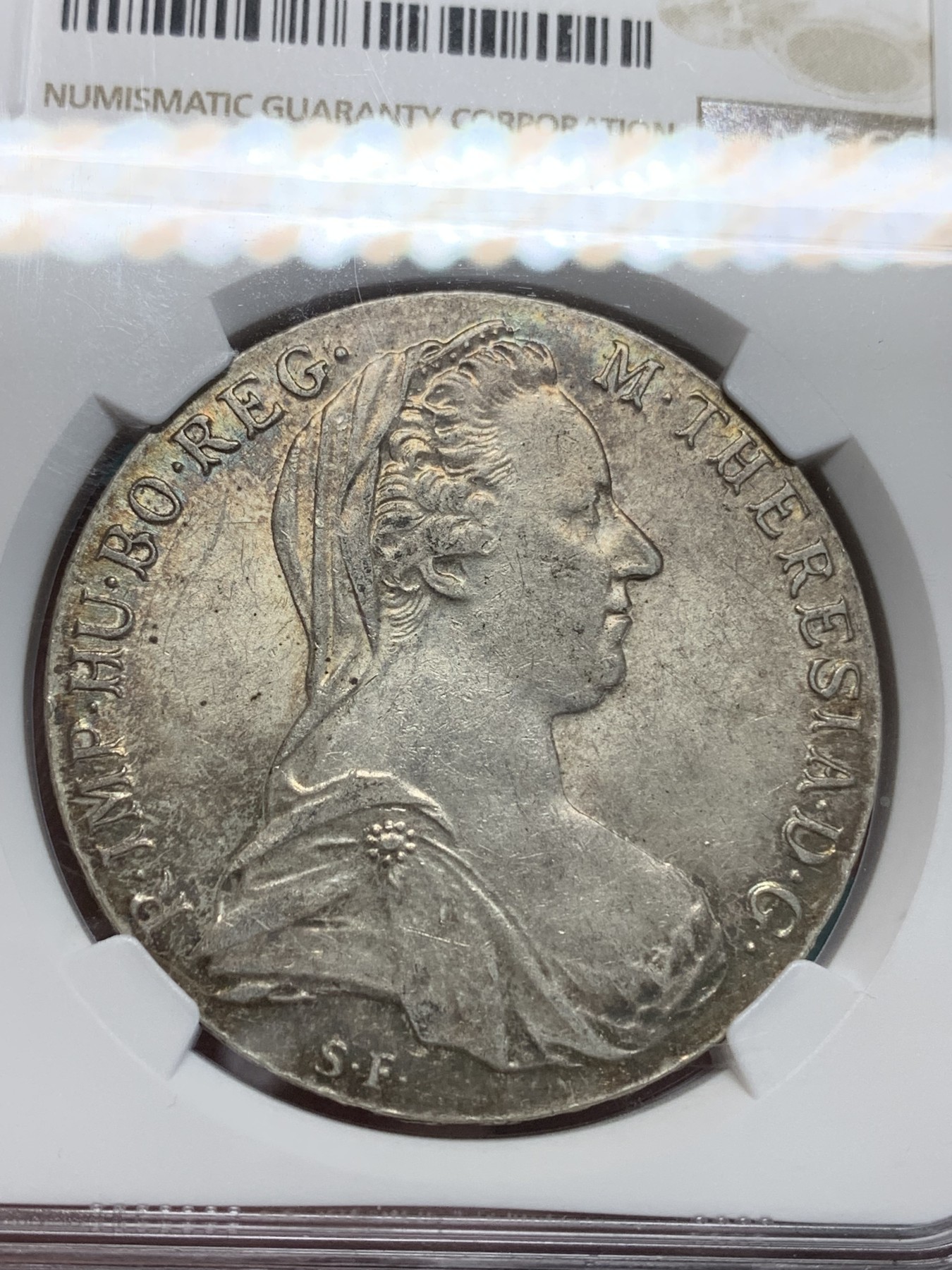《竞宝斋》第194场-周日，周一 2场 (全场包邮) NGC-MS62 奥地利“1780”年 玛利亚.特蕾莎 1泰勒 大奶妈银币 早期后铸版本（伦敦版） 五彩转光 有点双须的样子 细节见图