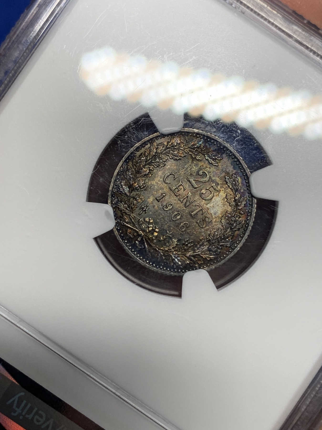 《竞宝斋》第194场-周日，周一 2场 (全场包邮) NGC-MS63 荷兰 1906年 25分 威廉敏娜 银币 经典头像 双面五彩 绝美包浆
