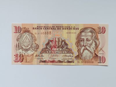 港、澳、台、中外钞、流水签、机签、箱包单、靓号专场第29期 - 洪都拉斯2012年10伦皮拉 纸钞 号码无47 豹子号 BL9195888 UNC一张/如图