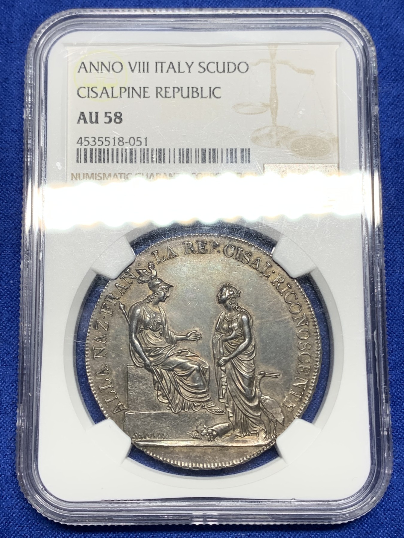 《竞宝斋》第194场-周日，周一 2场 (全场包邮) NGC AU58 意大利山南共和国 1800年 6里拉大银币 拿破仑短期政权 双面深彩包浆 状态低评