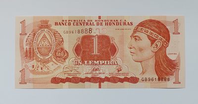 港、澳、台、中外钞、流水签、机签、箱包单、靓号专场第29期 - 洪都拉斯2014年1伦皮拉纸钞 号码无47 狮子号 GB9618888 UNC一张/如图