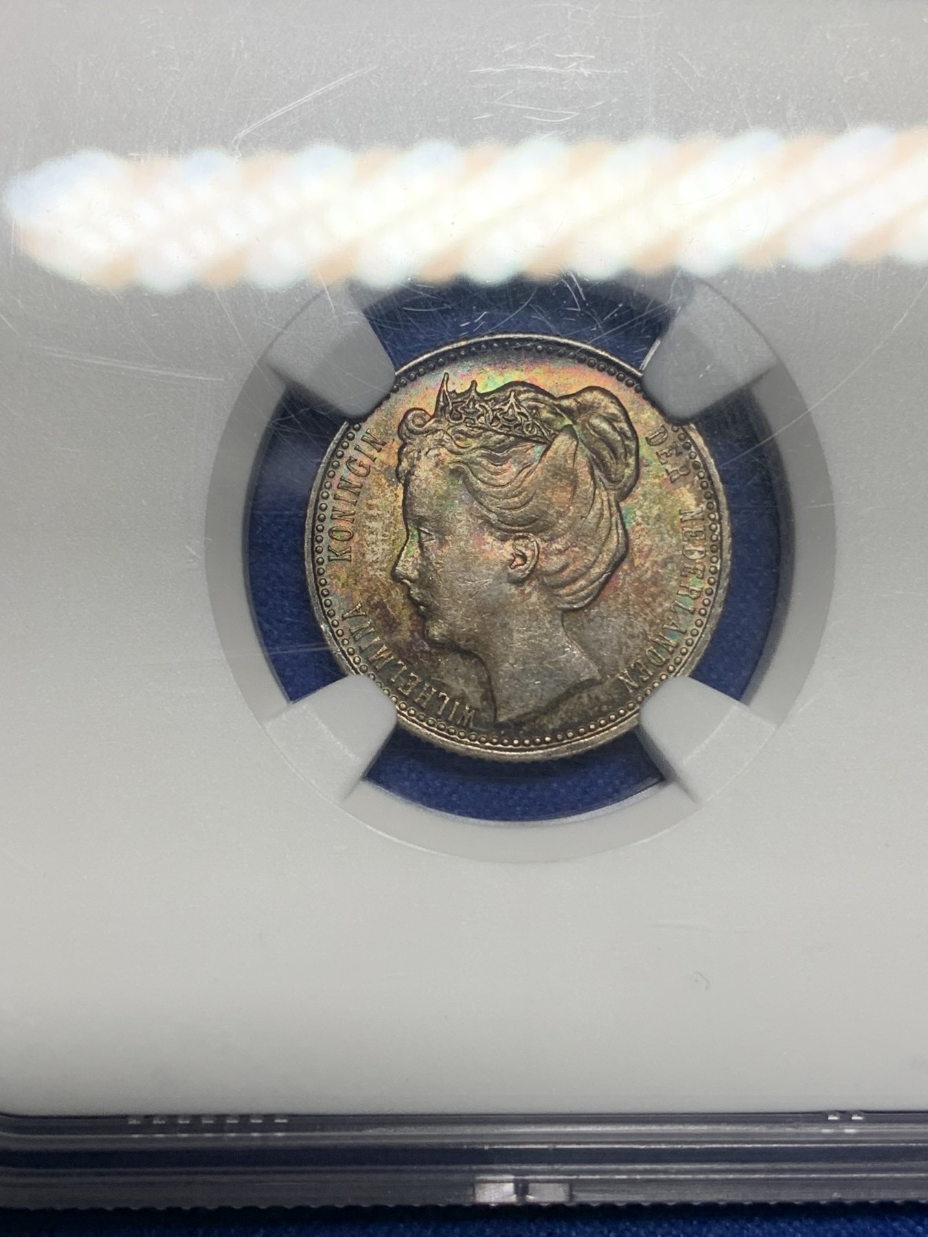 《竞宝斋》第194场-周日，周一 2场 (全场包邮) NGC-MS63 荷兰 1906年 25分 威廉敏娜 银币 经典头像 双面五彩 绝美包浆