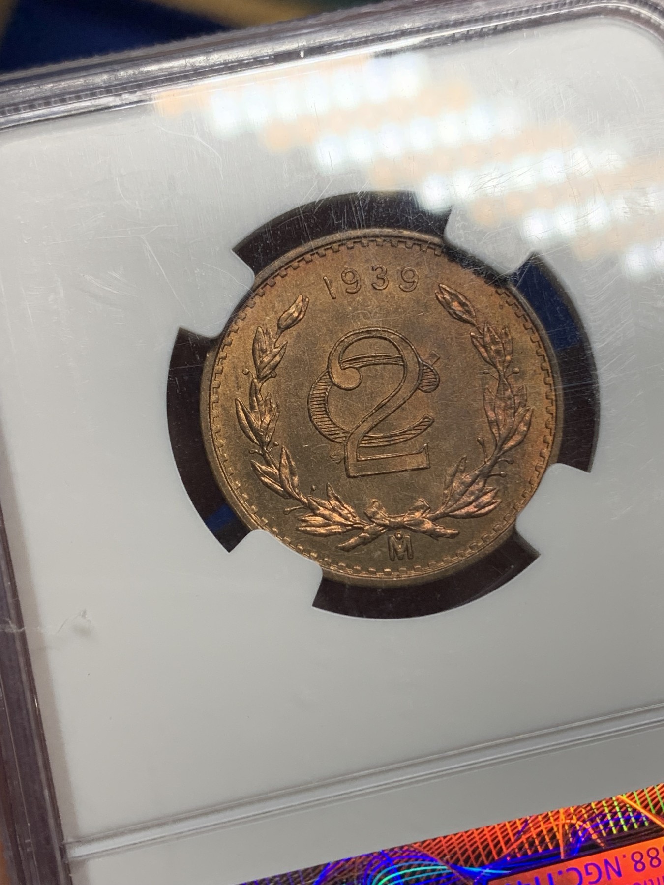 《竞宝斋》第194场-周日，周一 2场 (全场包邮) NGC-MS66RB 冠军分 墨西哥1939年2分鹰蛇铜元，鹰洋系列后期辅币，66收藏级高分。铜光靓丽，冠军品质