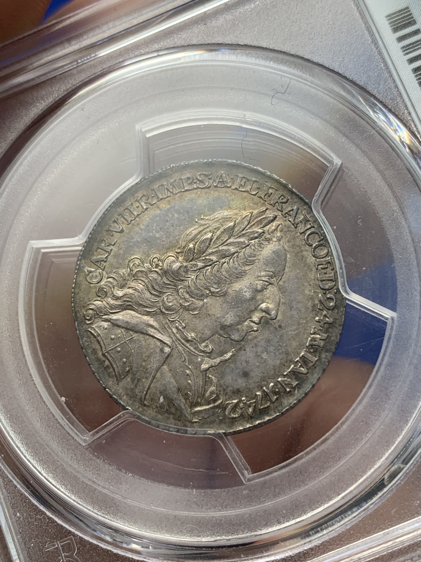《竞宝斋》第194场-周日，周一 2场 (全场包邮) PCGS AU58 德国 巴伐利亚 1742年 法国工艺铸造JETON银质代币 五彩包浆十分漂亮