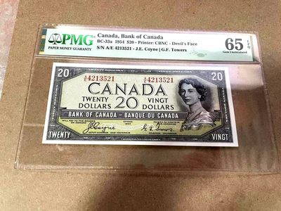 【Blue Auction】✨世界纸币精拍第367期【精】 - 【魔鬼脸 A/E首发冠】加拿大1954年20元  雪松 PMG65EPQ 绝品 状态很好 年轻女王 精美  