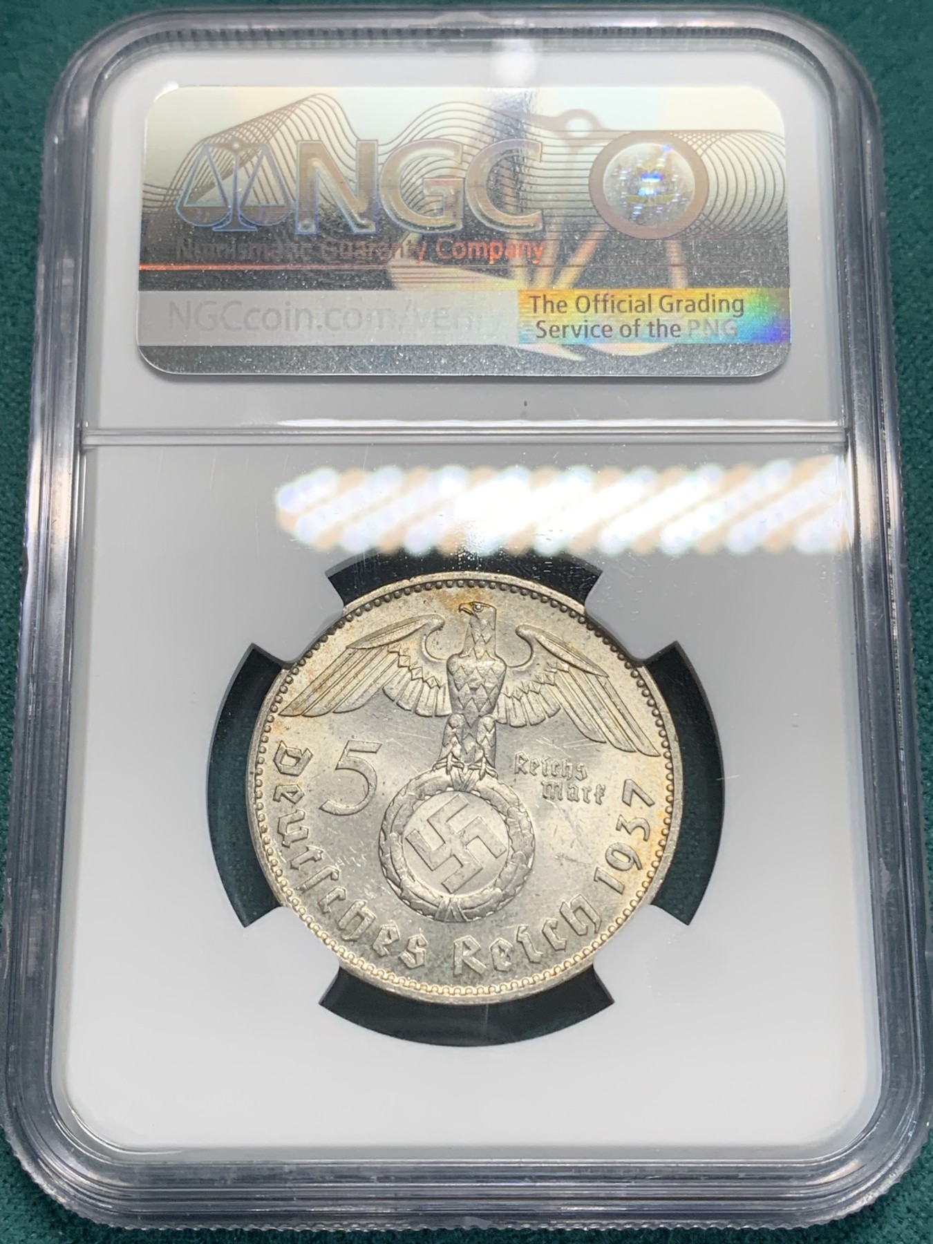 《竞宝斋》第194场-周日，周一 2场 (全场包邮) NGC-MS62 德国1937年兴登堡5马克银币