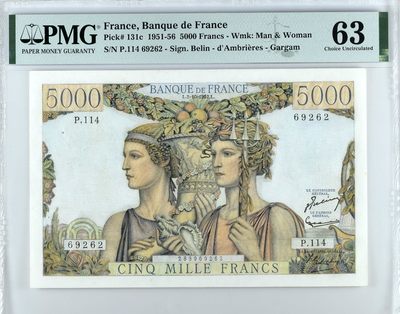【Blue Auction】✨世界纸币精拍第367期【精】 - 【无47】法国 1951-56年5000法郎 PMG63 