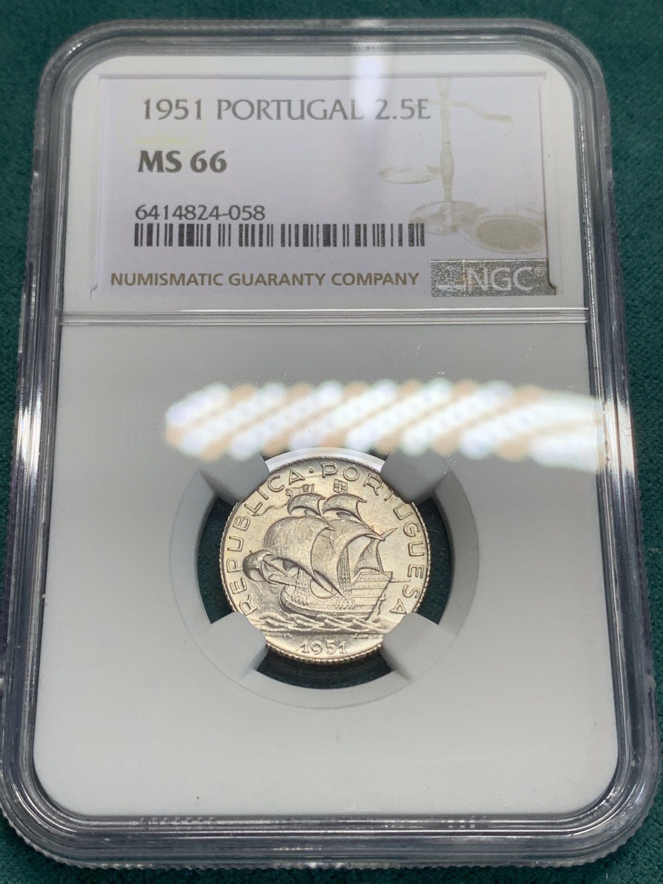 《竞宝斋》第194场-周日，周一 2场 (全场包邮) NGC MS66 葡萄牙1951帆船2.5埃斯库多银币