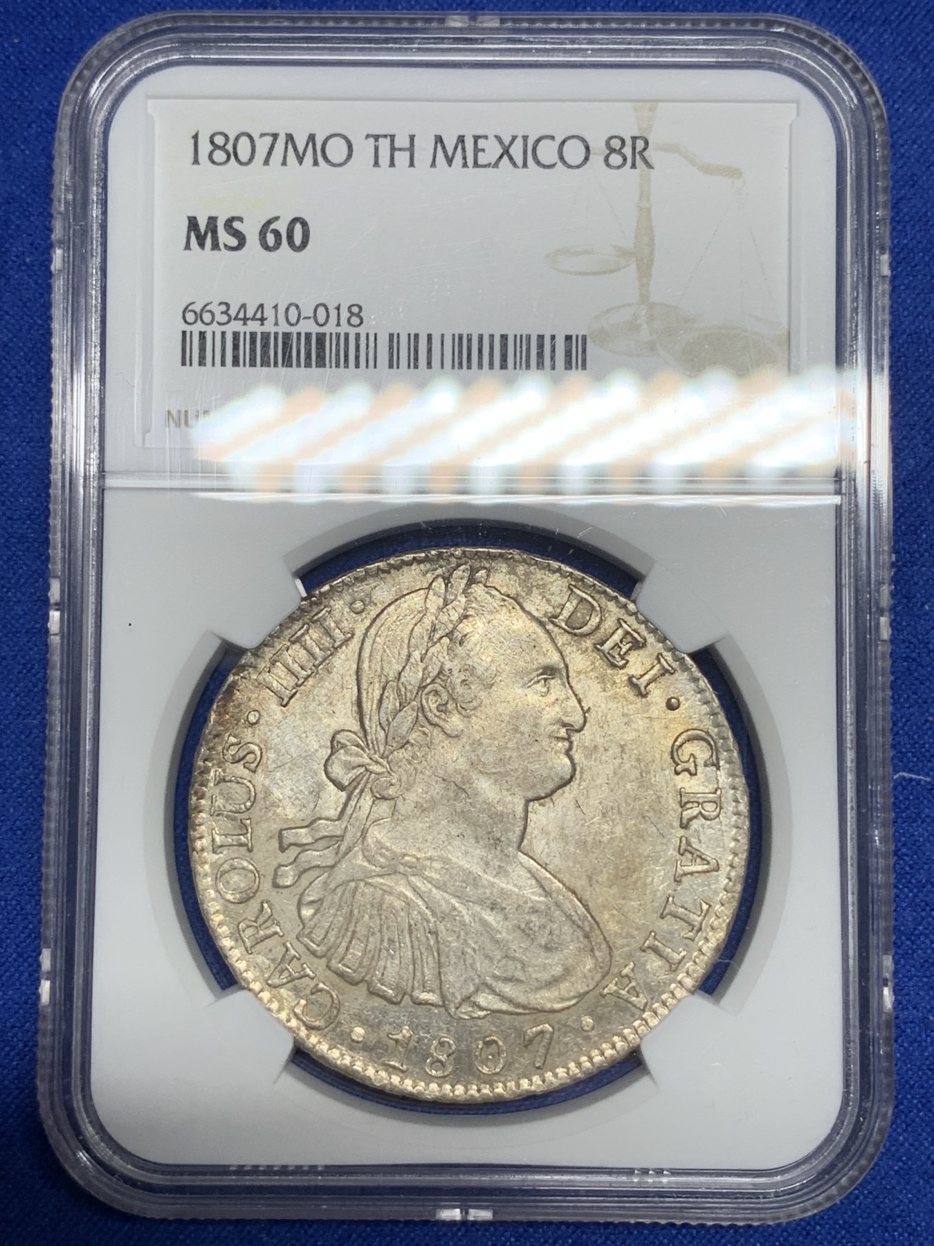 《竞宝斋》第194场-周日，周一 2场 (全场包邮) NGC–MS60 墨西哥1807年卡洛斯四世8R双柱大银币