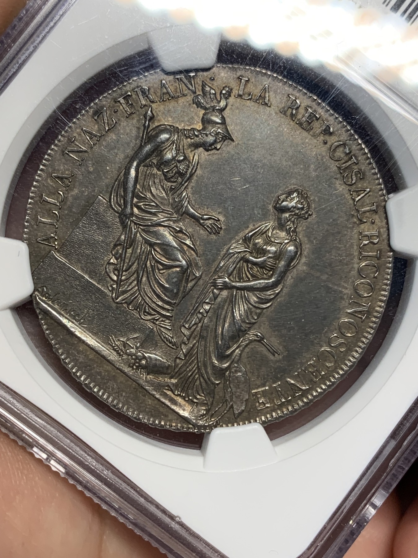 《竞宝斋》第194场-周日，周一 2场 (全场包邮) NGC AU58 意大利山南共和国 1800年 6里拉大银币 拿破仑短期政权 双面深彩包浆 状态低评