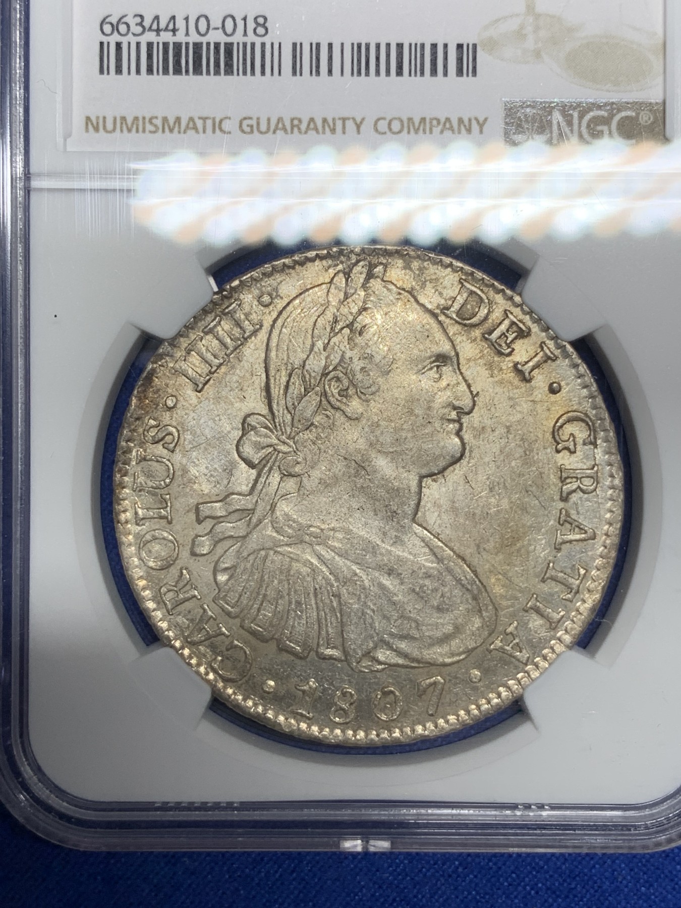 《竞宝斋》第194场-周日，周一 2场 (全场包邮) NGC–MS60 墨西哥1807年卡洛斯四世8R双柱大银币