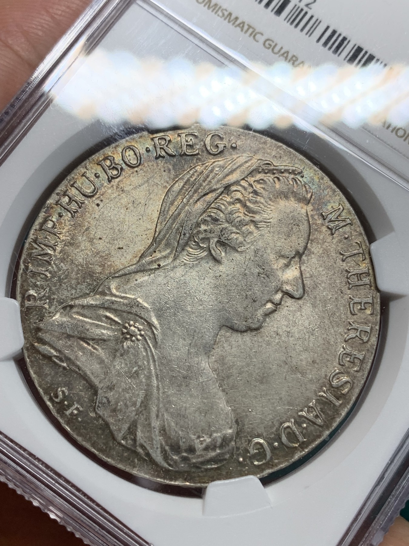 《竞宝斋》第194场-周日，周一 2场 (全场包邮) NGC-MS62 奥地利“1780”年 玛利亚.特蕾莎 1泰勒 大奶妈银币 早期后铸版本（伦敦版） 五彩转光 有点双须的样子 细节见图