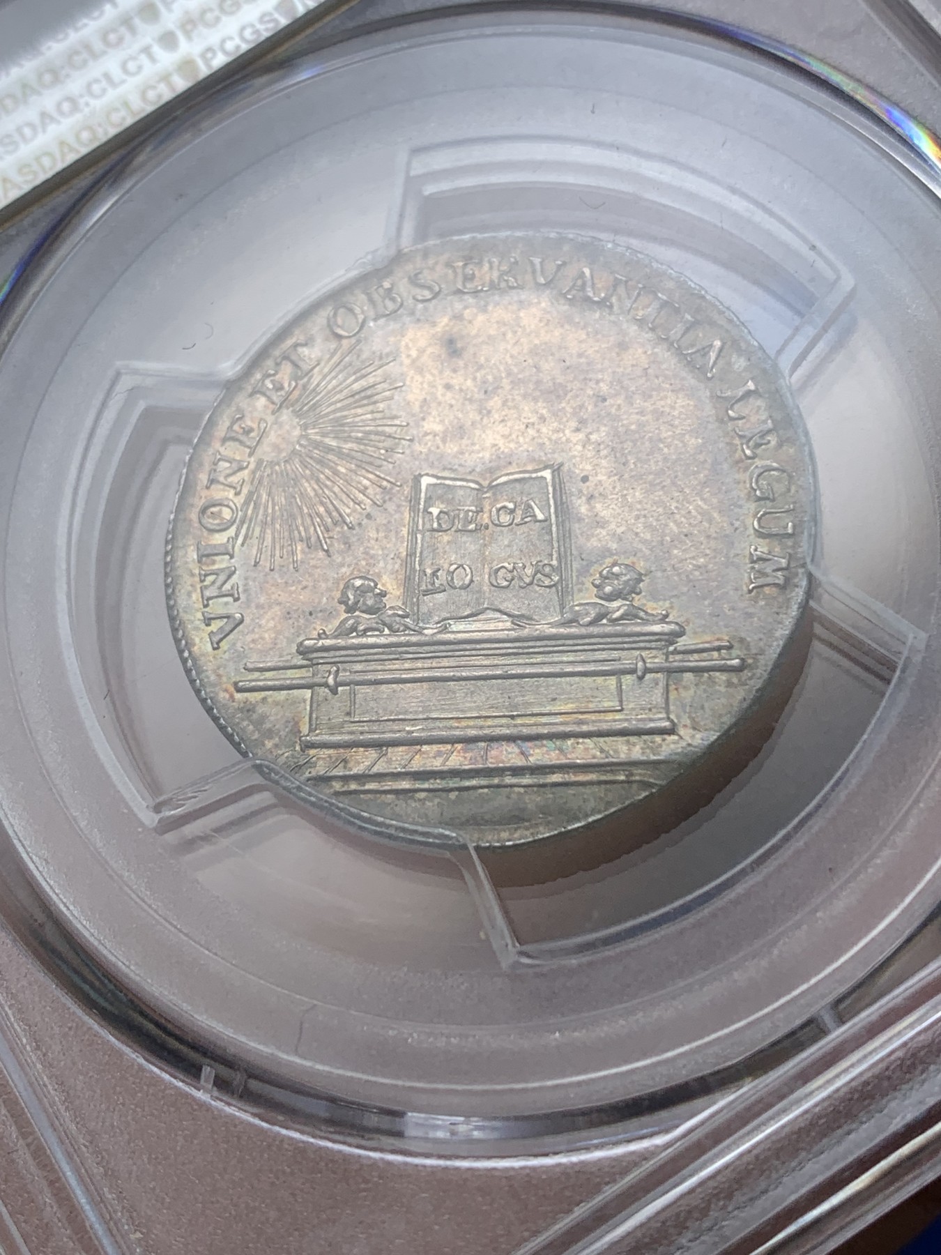 《竞宝斋》第194场-周日，周一 2场 (全场包邮) PCGS AU58 德国 巴伐利亚 1742年 法国工艺铸造JETON银质代币 五彩包浆十分漂亮