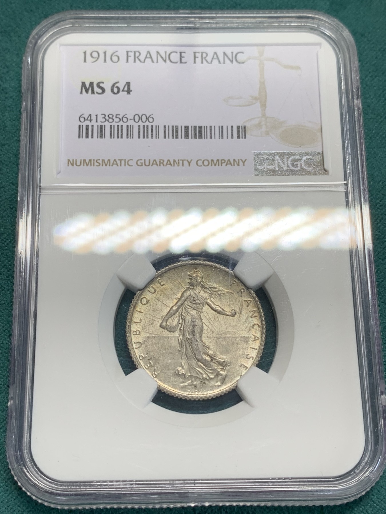 《竞宝斋》第194场-周日，周一 2场 (全场包邮) NGC MS64 法国1916年播种女神1法郎银币