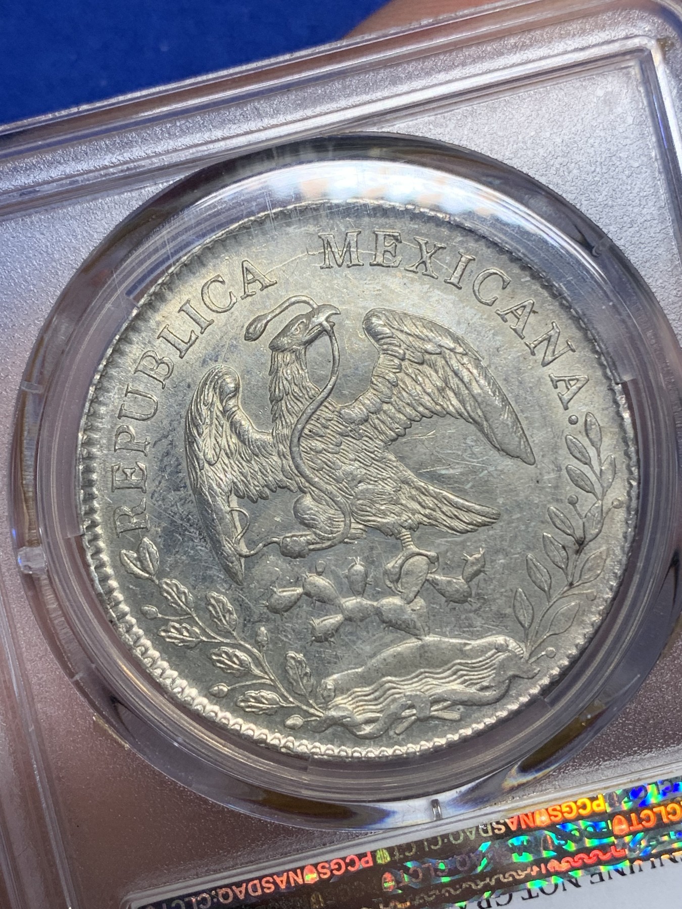 《竞宝斋》第194场-周日，周一 2场 (全场包邮) PCGS UNC 墨西哥 1896年 8瑞尔 花边鹰洋银币 全羽 状态不错