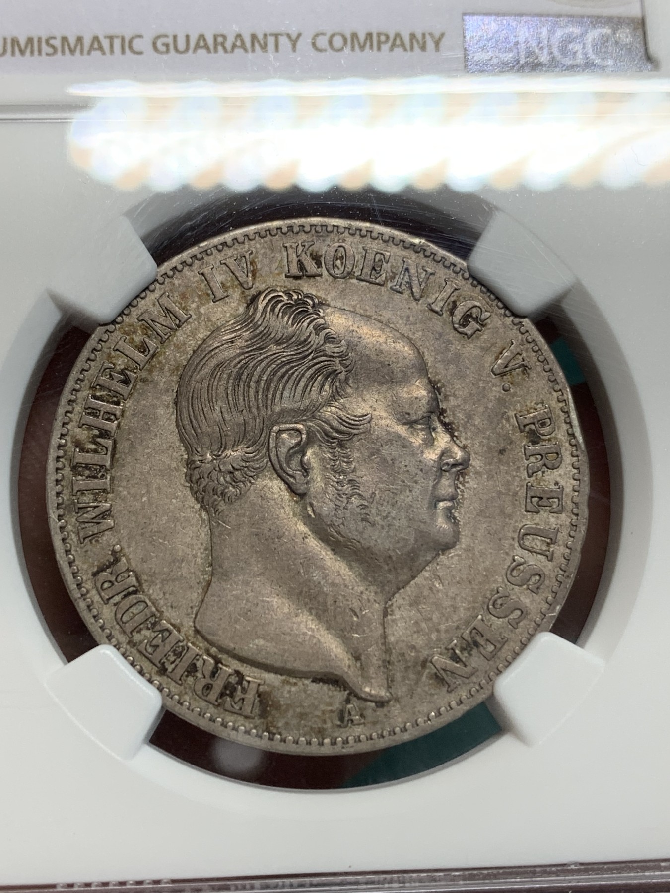 《竞宝斋》第194场-周日，周一 2场 (全场包邮) NGC-AU50 德国 1853年 A厂 普鲁士威廉四世洋葱头 矿业祈福 1泰勒银币 巧克力色老包浆 味道极佳 较少见