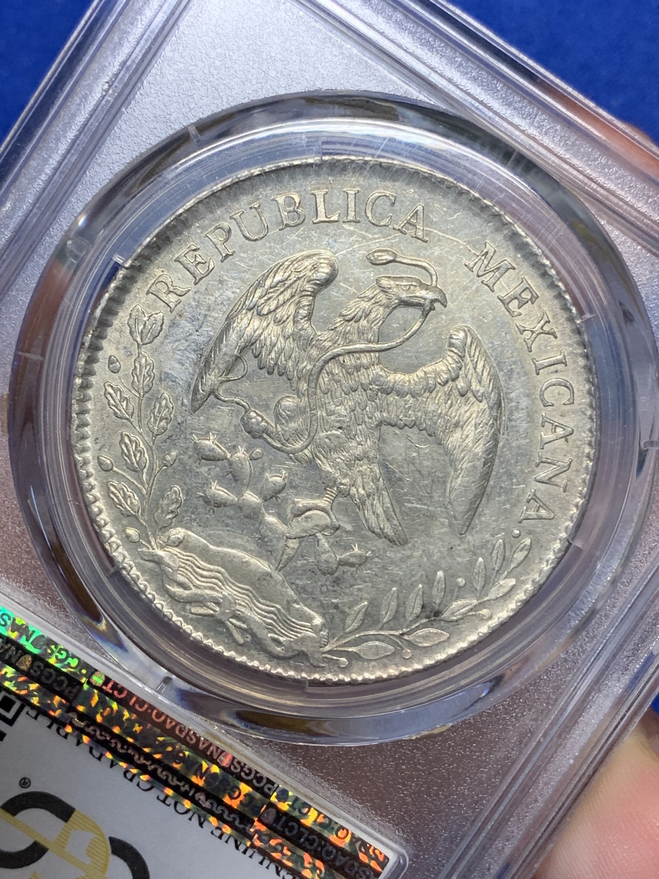 《竞宝斋》第194场-周日，周一 2场 (全场包邮) PCGS UNC 墨西哥 1896年 8瑞尔 花边鹰洋银币 全羽 状态不错