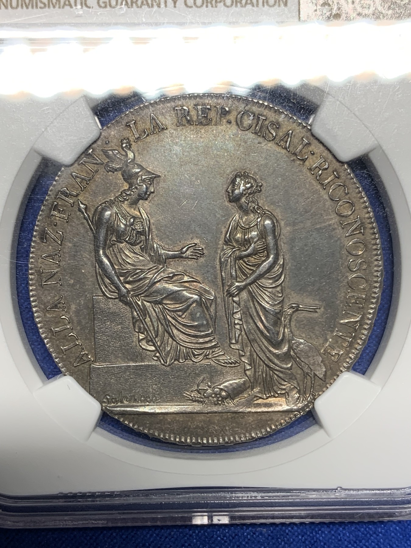《竞宝斋》第194场-周日，周一 2场 (全场包邮) NGC AU58 意大利山南共和国 1800年 6里拉大银币 拿破仑短期政权 双面深彩包浆 状态低评